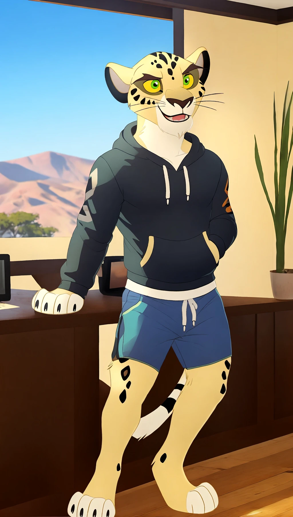 Solo <lora:D58397CFEF:1> anthro, leopard, Makucha,  perfect yellow sclera, perfect green eyes,  male, muscular,  realistic fur, perfect  long tail, in a office, realistic, photorealistic, ultra-realistic, 8k, perfect hands,   perfect  huge paws, perfect  big feet,  hoodie, shorts, by zackarry911, by zaush, (by personalami:0.7) (maple story:0.8), detailed background, excited  smile,  blue shorts, grey hoodie