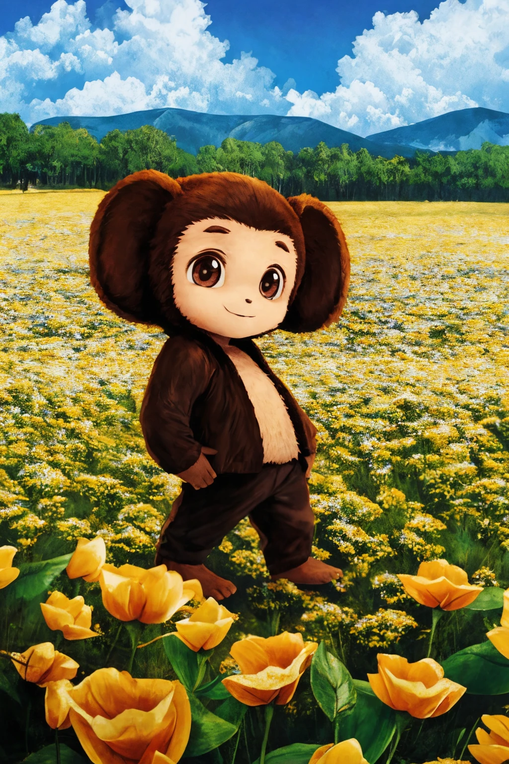 <lora:Cheburashka:0.75> cheburashka, wide angle, wide shot, cowboy shot, flower field, flowers, dusk, standing on one leg, skin fang