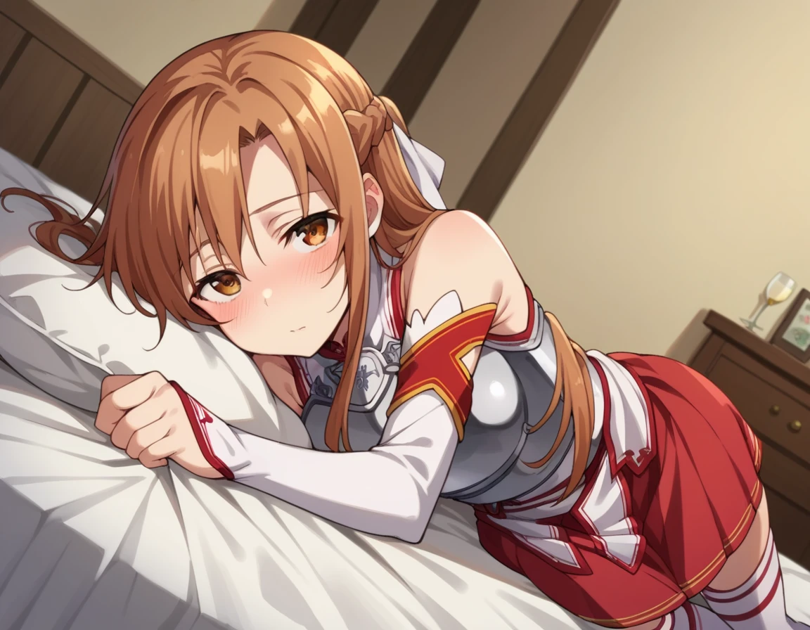 score_9, score_8_up, score_7_up, source_anime,
asunayuuki, <lora:asuna-yuuki-s1-ponyxl-lora-nochekaiser:1>,
asuna yuuki, long hair, brown hair, brown eyes,
skirt, thighhighs, bare shoulders, detached sleeves, armor, white thighhighs, breastplate, red skirt,
indoors, bed, bed room, on side, blush, drunk,
looking at viewer, cowboy shot, solo, dutch angle,