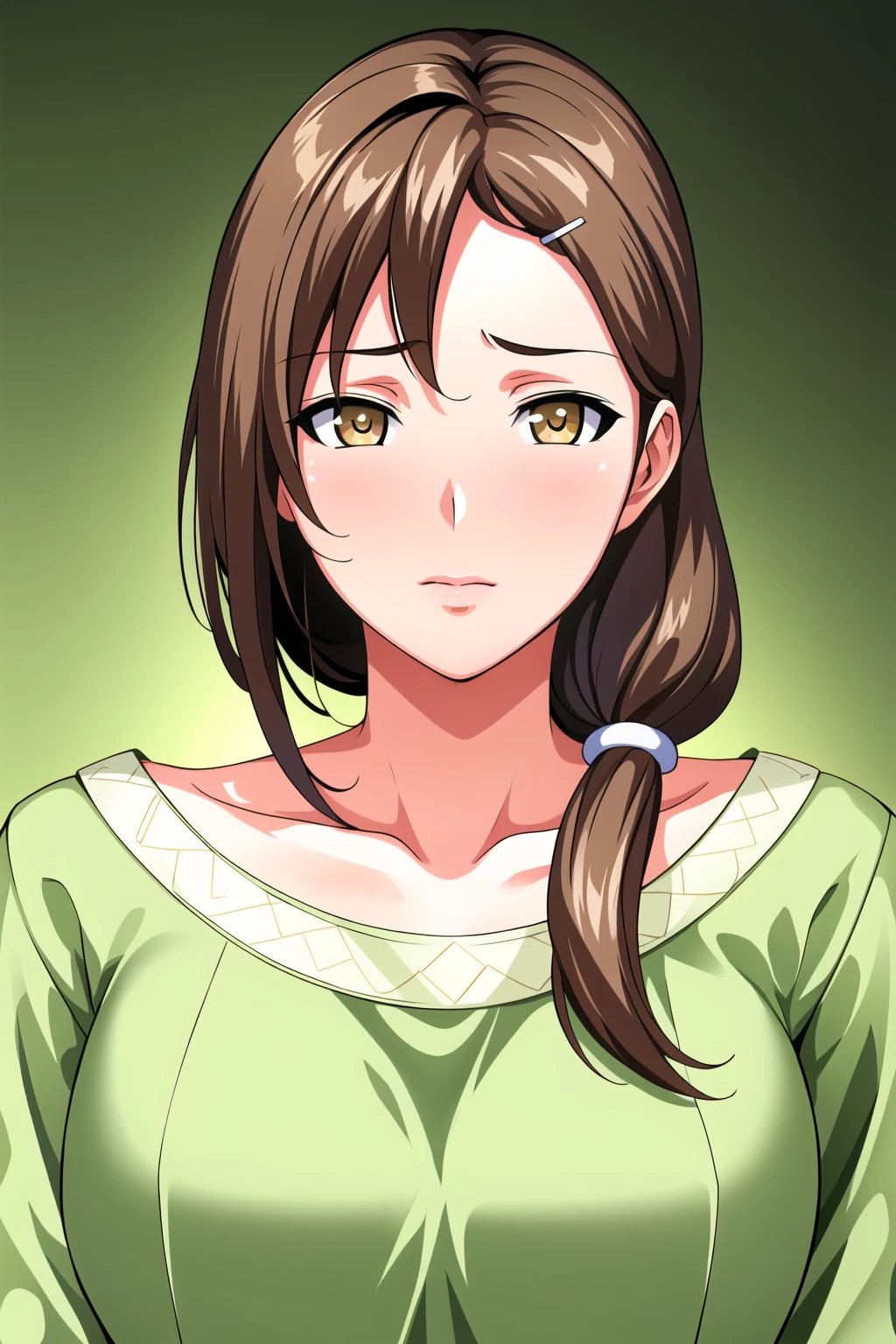 Simple green Background,
dynamic pose,standing at attention,
green_shirt,White_skirt,long sleeves,collarbone,
<lora:Shiori_Hiura_Wanna-KK77-V3:0.7>,
brown_hair,brown_eyes,single braid,Bangs,hair ornament, hairclip,
<lora:Oda_Non_Style-KK77-V2:0.3>,<lora:more_details:0.1>,
1 girl, 20yo,Young female,Beautiful long legs,Beautiful body,
Beautiful Nose,Beautiful character design, perfect eyes, perfect face,expressive eyes,perfect balance,
looking at viewer,(Focus on her face),closed mouth, (innocent_big_eyes:1.0),(Light_Smile:0.5),
official art,extremely detailed CG unity 8k wallpaper, perfect lighting,Colorful, Bright_Front_face_Lighting,White skin,
(masterpiece:1.0),(best_quality:1.0), ultra high res,4K,ultra-detailed,
photography, 8K, HDR, highres, absurdres:1.2, Kodak portra 400, film grain, blurry background, bokeh:1.2, lens flare, (vibrant_color:1.2),professional photograph,
(Beautiful,large_Breasts:1.4), (beautiful_face:1.5),(narrow_waist),