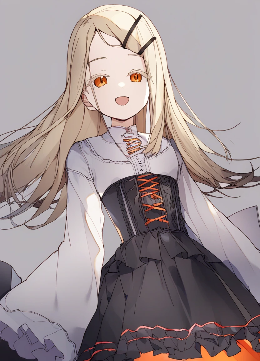 1girl, solo, blonde hair, long hair, orange eyes, hairclip, 
black corset, black ribbon, black skirt, buttons, center frills, corset, frilled skirt, frilled sleeves, frills, grey background, high-waist skirt, looking at viewer, , simple background, white shirt, smile, open mouth, 
 <lora:shinosawa_hiro:1> <lora:scomp_lora_v0.3.0:1>