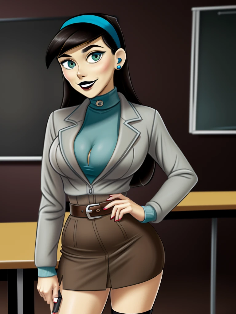 <lora:Miss_Go_Shego_Kim_Possible:1> green eyes, black lips, black hair, an image of miss go, missgo, colored skin, facing viewer, {{light green skin}}, teal hairband, ((light grey jacket)), standing, ear stud, open smile, ((teal turtleneck sweater)), big breasts, slim, light brown belt, thick upper lip, ((brown pencilskirt)),long legs,black stiletto heels,teacher,classroom background,chalkboard,desk,{{1girl}},cartoon,flat colors,{{solo}},presenting breasts,miss go outfit,black lipstick,