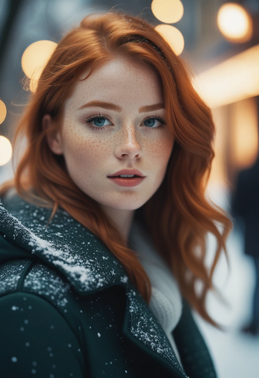 cinematic photo (art by Mathias Goeritz:0.9) , photograph, Lush Girlfriend, Tax collector, Rich ginger hair, Winter, tilt shift, Horror, specular lighting, film grain, Samsung Galaxy, F/5, (cinematic still:1.2), freckles . 35mm photograph, film, bokeh, professional, 4k, highly detailed