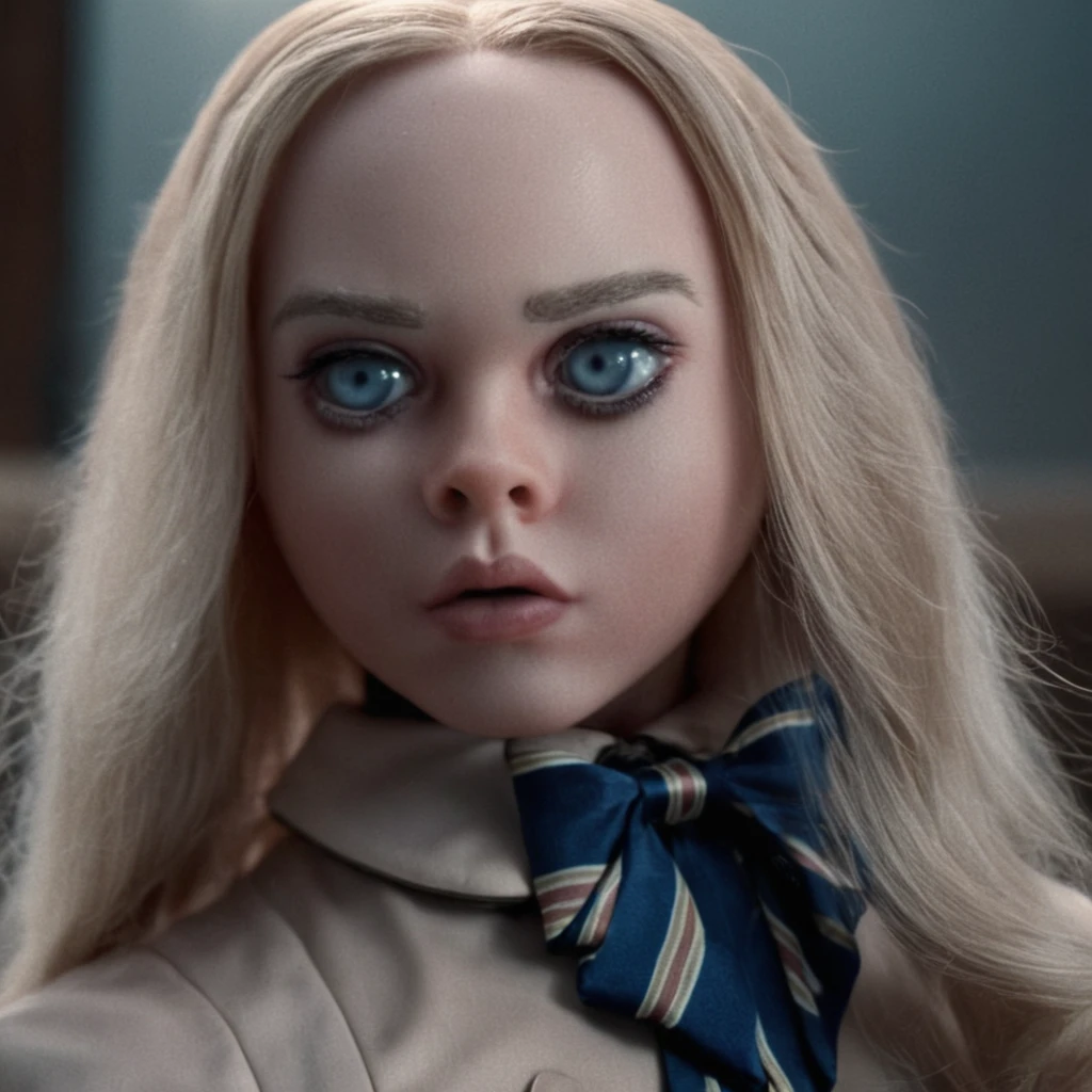 cinematic film still of  <lora:M3GAN:1>
M3GAN a bald woman with long hair and a bow tie,sinister,villain,cyborg doll,1girl,solo,long hair,looking at viewer,blue eyes,blonde hair,shirt,bow,closed mouth,upper body,collared shirt,bowtie,lips,blue bow,messy hair,portrait,realistic,cracked skin, shallow depth of field, vignette, highly detailed, high budget, bokeh, cinemascope, moody, epic, gorgeous, film grain, grainy