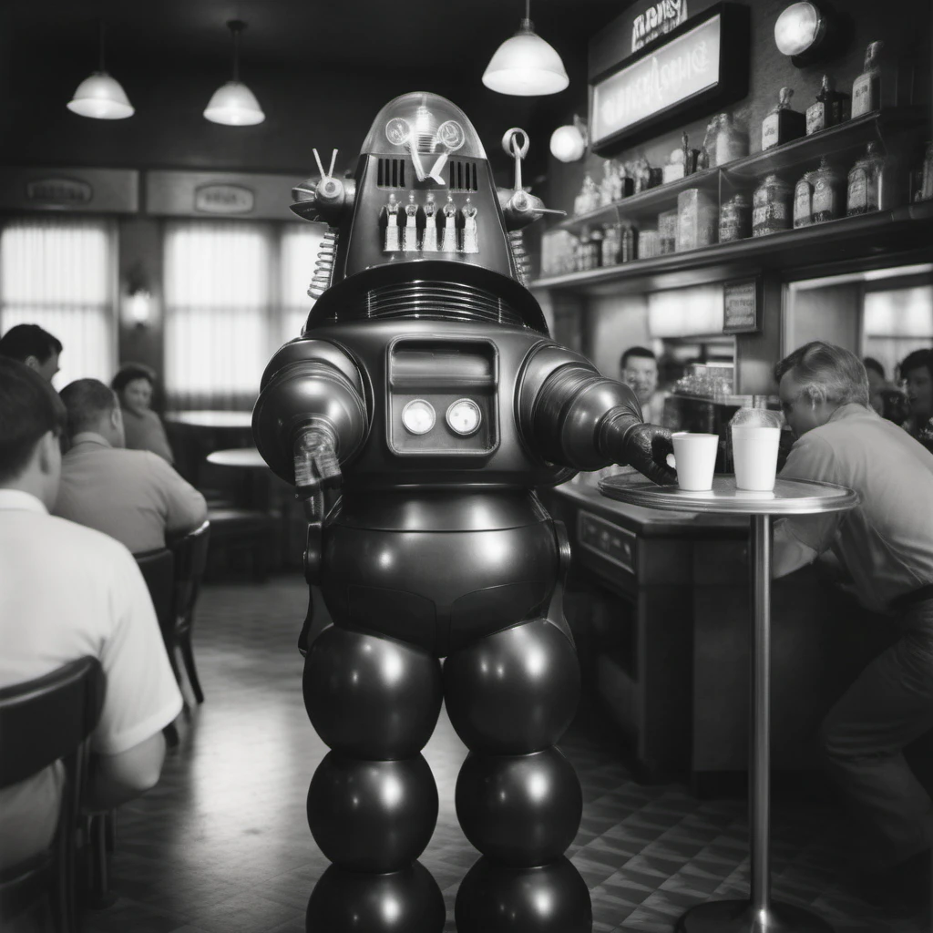 analog film photo a robot serving with a tray in a vintage diner <lora:Robby1024:0.6> . faded film, desaturated, 35mm photo, grainy, vignette, vintage, Kodachrome, Lomography, stained, highly detailed, found footage