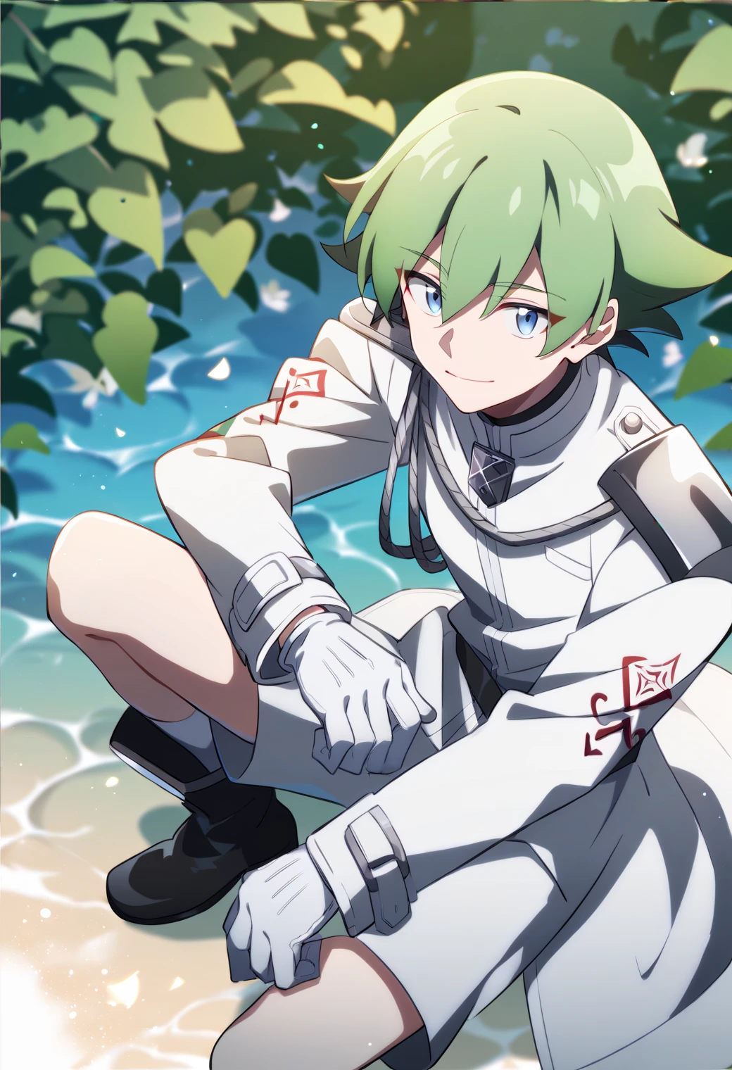 score_9, score_8_up, score_7_up, score_6_up, score_5_up, score_4_up, best quality, amazing quality, best aesthetic, absurdres, solo,lyserg, green hair, blue eyes, white shorts, white jacket, black boots, open skirt, white gloves, white socks,source_anime, source_,score_9_up<lora:EMS-354437-EMS:1.000000>