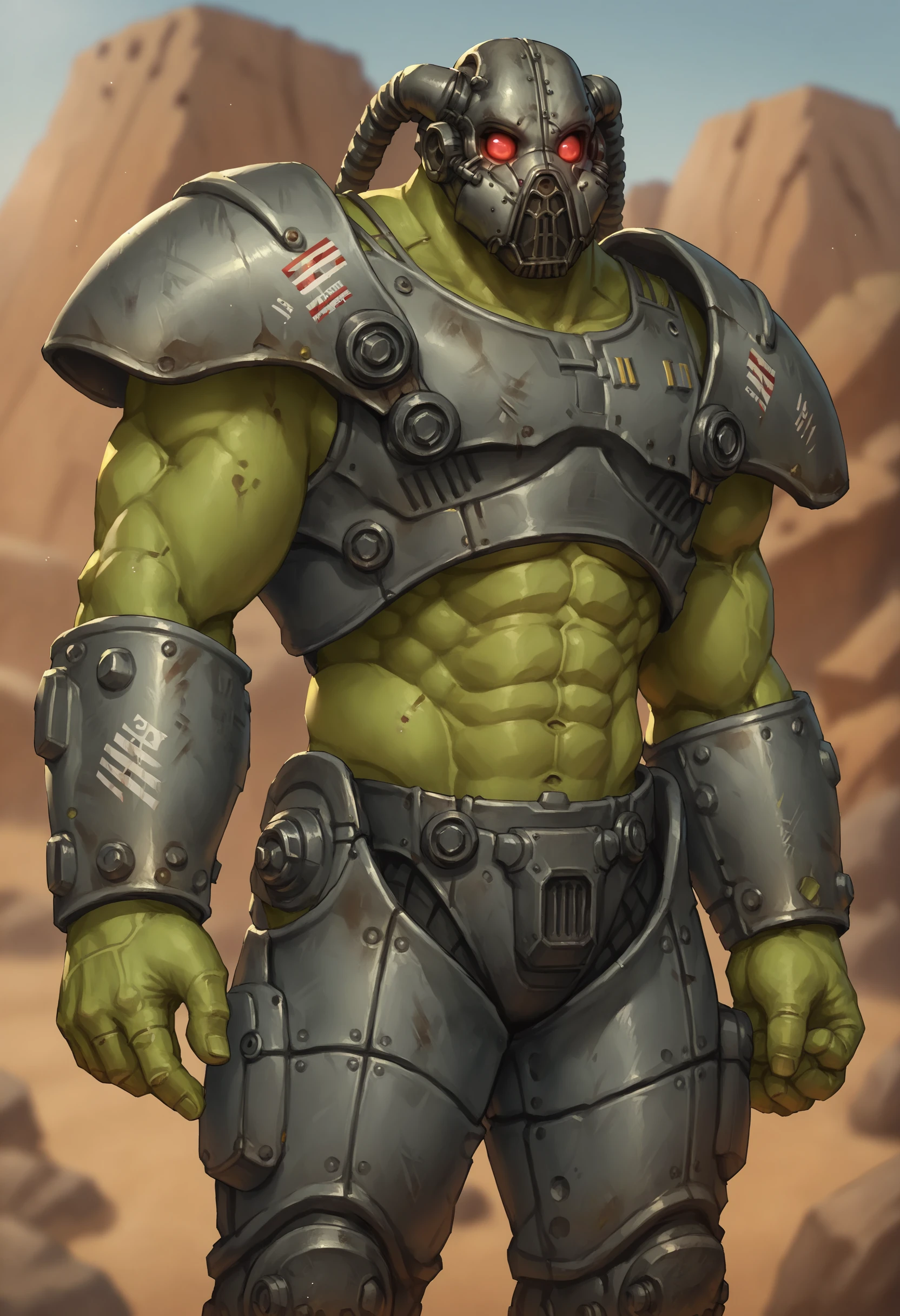 score_9, score_8_up, score_7_up, score_6_up, score_5_up, score_4_up, muscular male, abs, exposed abs, solo, robot, monster, green skin, helmet, faceless, gasmask, tubes, power armor, gray armor, shoulder armor, red eyes, science fiction, standing, (v sign:1.2), <lora:FrankHorrigan:0.7>,
desert wasteland background, blurry background,