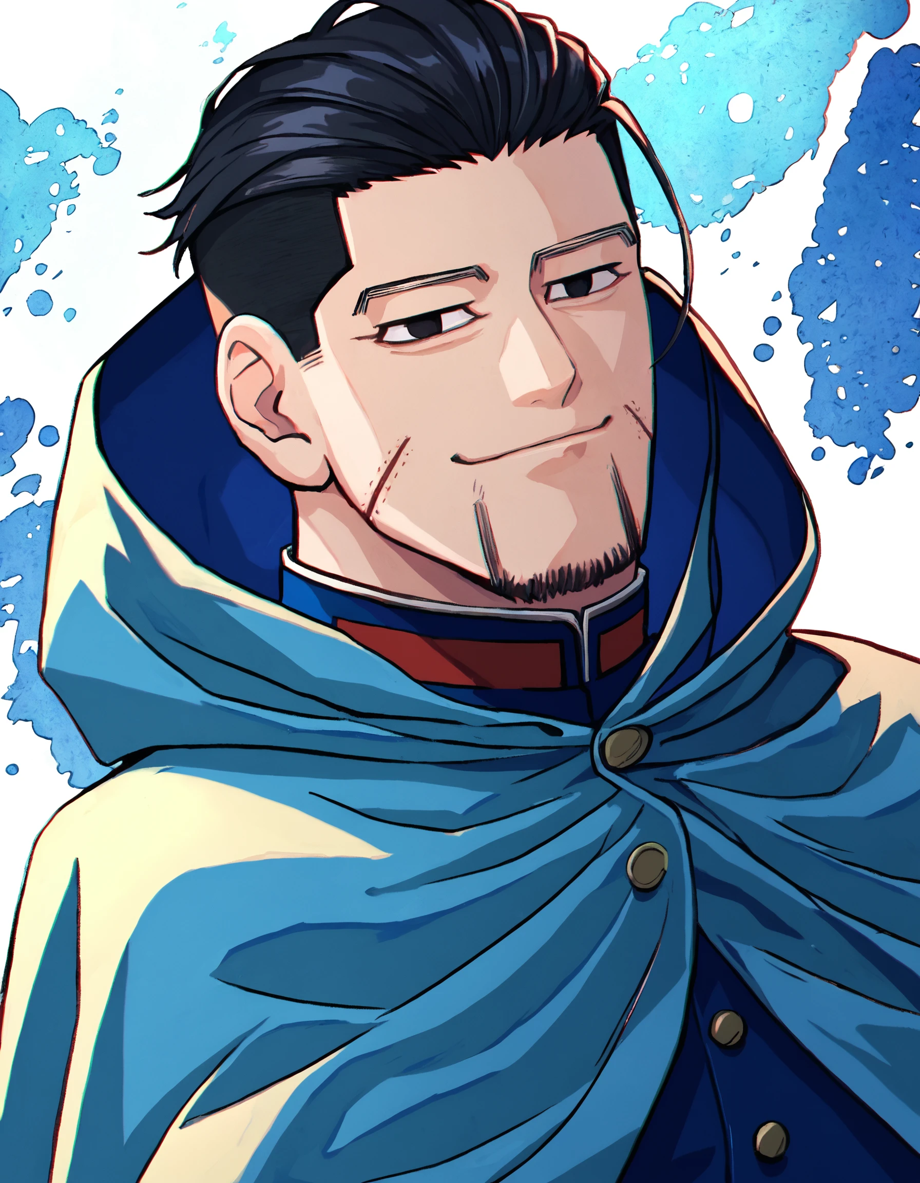 zPDXL, masterpiece, best quality, 1boy, 0gata, smile, closed mouth, looking at viewer, hair slicked back, facial hair, facial scars, blue jacket, japanese imperial army uniform, cape, hood, upper body, black hair, black eyes, button, chromatic abberation <lora:diffusiondudes_HyakunosukeOgata_Pony_V1-10:0.9>