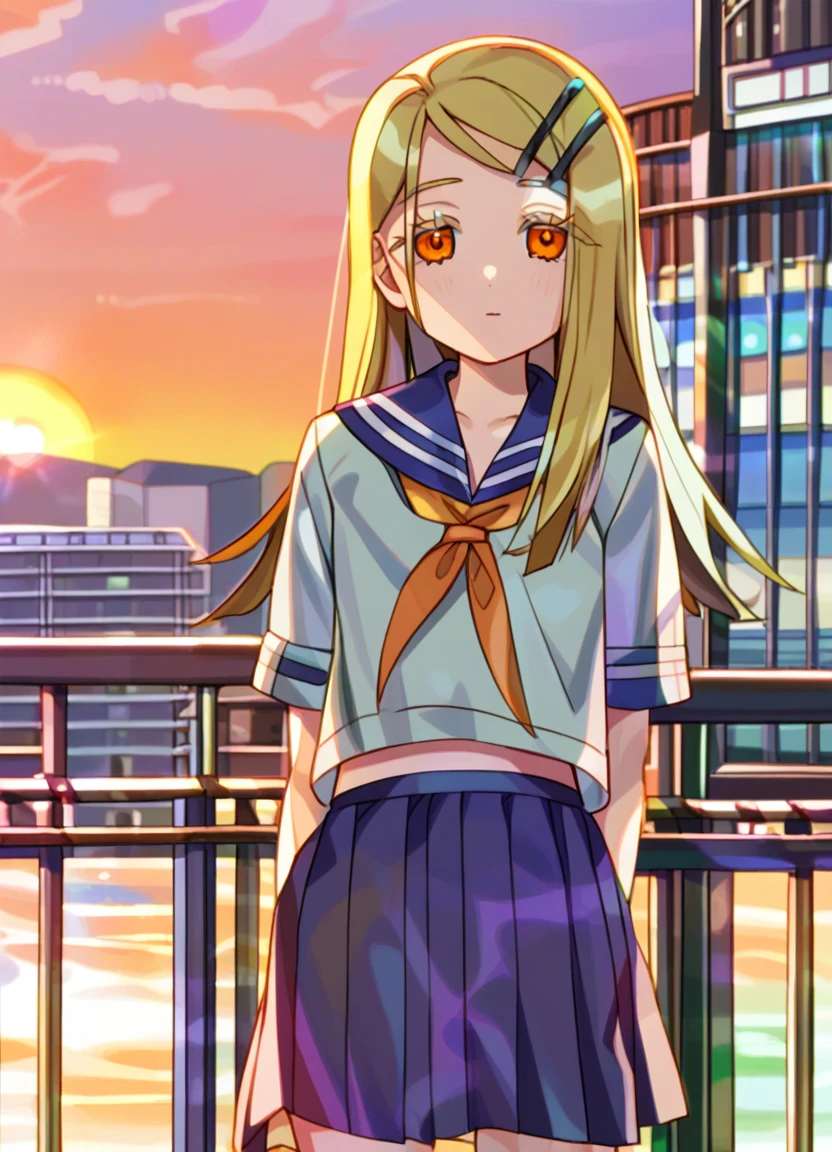 1girl, solo, blonde hair, long hair, orange eyes, hairclip, 
school uniform, serafuku, pleated dress, 
outdoors, railing, sunset, water, building, cowboy shot, leaning back, looking at viewer, 
 <lora:shinosawa_hiro:0.9> <lora:scomp_lora_v0.3.0:1>