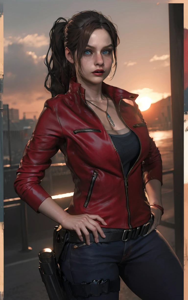 (masterpiece, best quality:1.4), insaneres, absurdres, solo, looking at viewer,BREAK 
GAME_ResidentEvil2Remake_ClaireRedfield_ownwaifu,  
lips, brown hair, blue eyes, ponytail, breasts, long hair, large breasts, nose, red lips, makeup, dog tags, lipstick, 
jacket, jewelry, necklace, red jacket, pants, belt, denim, jeans, holster, bracelet, zipper, pendant, cleavage, collarbone, thigh holster, long sleeves, silk, leather jacket, 
(contrapposto, hand on hip), sunset, sidelighting, outdoors, <lora:GAME_ResidentEvil2Remake_ClaireRedfield_ownwaifu:1> , depth of field