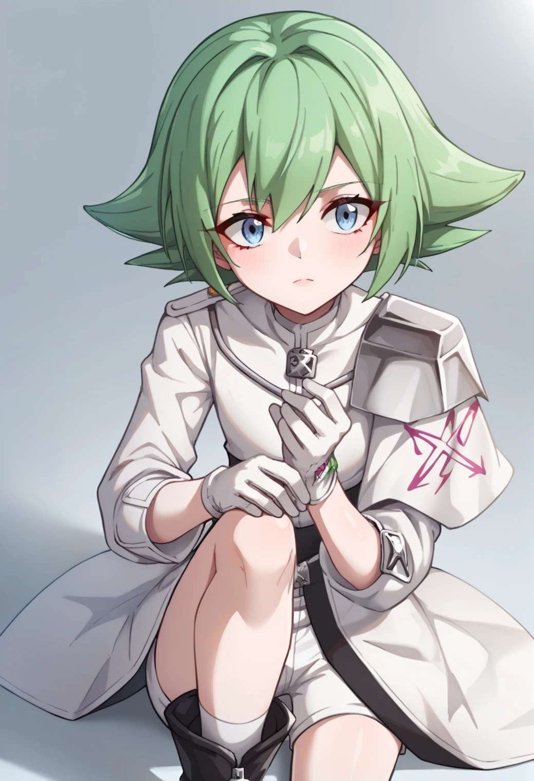 score_9, score_8_up, score_7_up, score_6_up, score_5_up, score_4_up, best quality, amazing quality, best aesthetic, absurdres, solo,lyserg, green hair, blue eyes, white shorts, white jacket, black boots, open skirt, white gloves, white socks,source_anime, source_,score_9_up<lora:EMS-354437-EMS:1.000000>