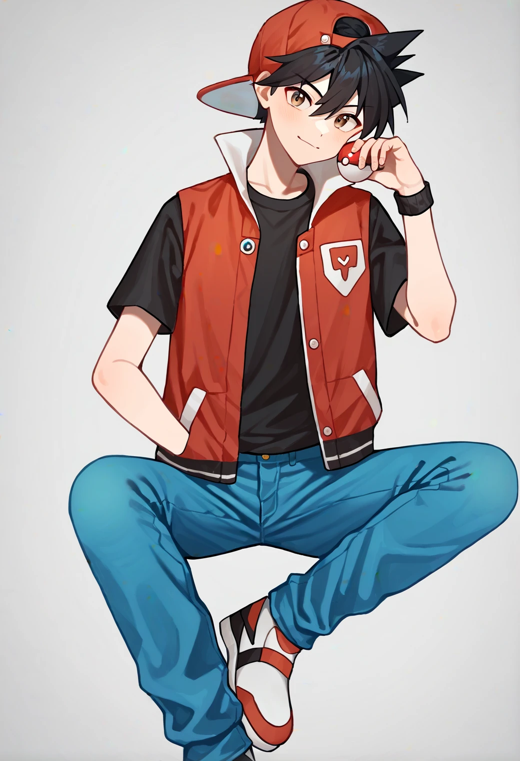 score_9, score_8_up, score_7_up, score_6_up, score_5_up, score_4_up, best quality, amazing quality, best aesthetic, absurdres, solo,RED_sp, red BASEBALL CAP,backwards cap, blue PANTS, BROWN EYES, black HAIR, open jacket, short red sleeve jacket, white shoes, black shirt,source_anime, source_,score_9_up<lora:EMS-353623-EMS:1.000000>