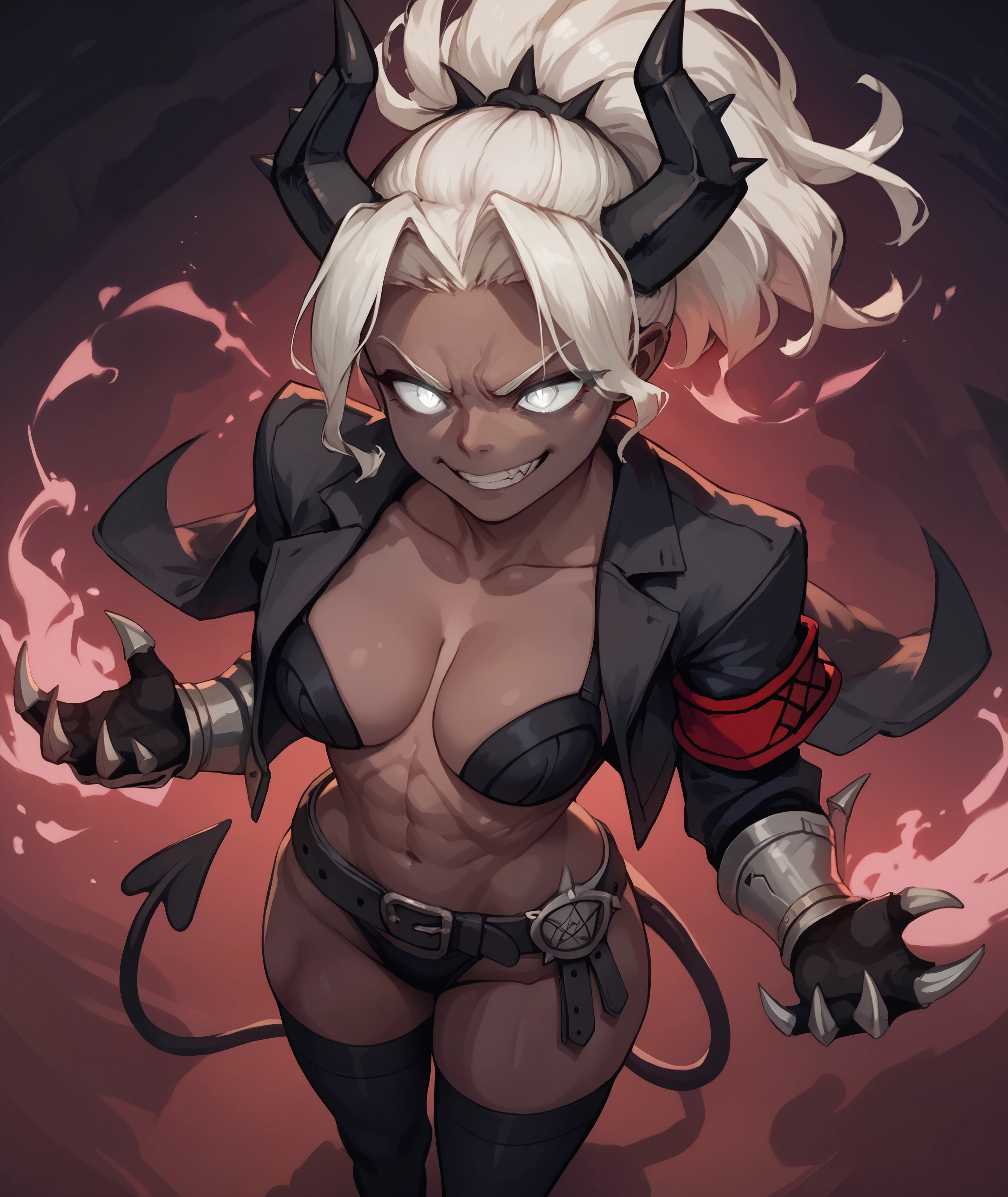 score_9, score_8_up, score_7_up, score_6_up BREAK from above,abstract background,solo,htjudgement, dark skin, ponytail, black horns, demon horns, demon tail,open clothes, black jacket, cropped jacket, open jacket, red armband, underwear, black bra, clawed gauntlets, black panties, black thighhighs, belt, cleavage,evil grin,aura, pose, white eyes. glowing eyes, palms up <lora:helltaker_judgement_ponyXL:0.8>