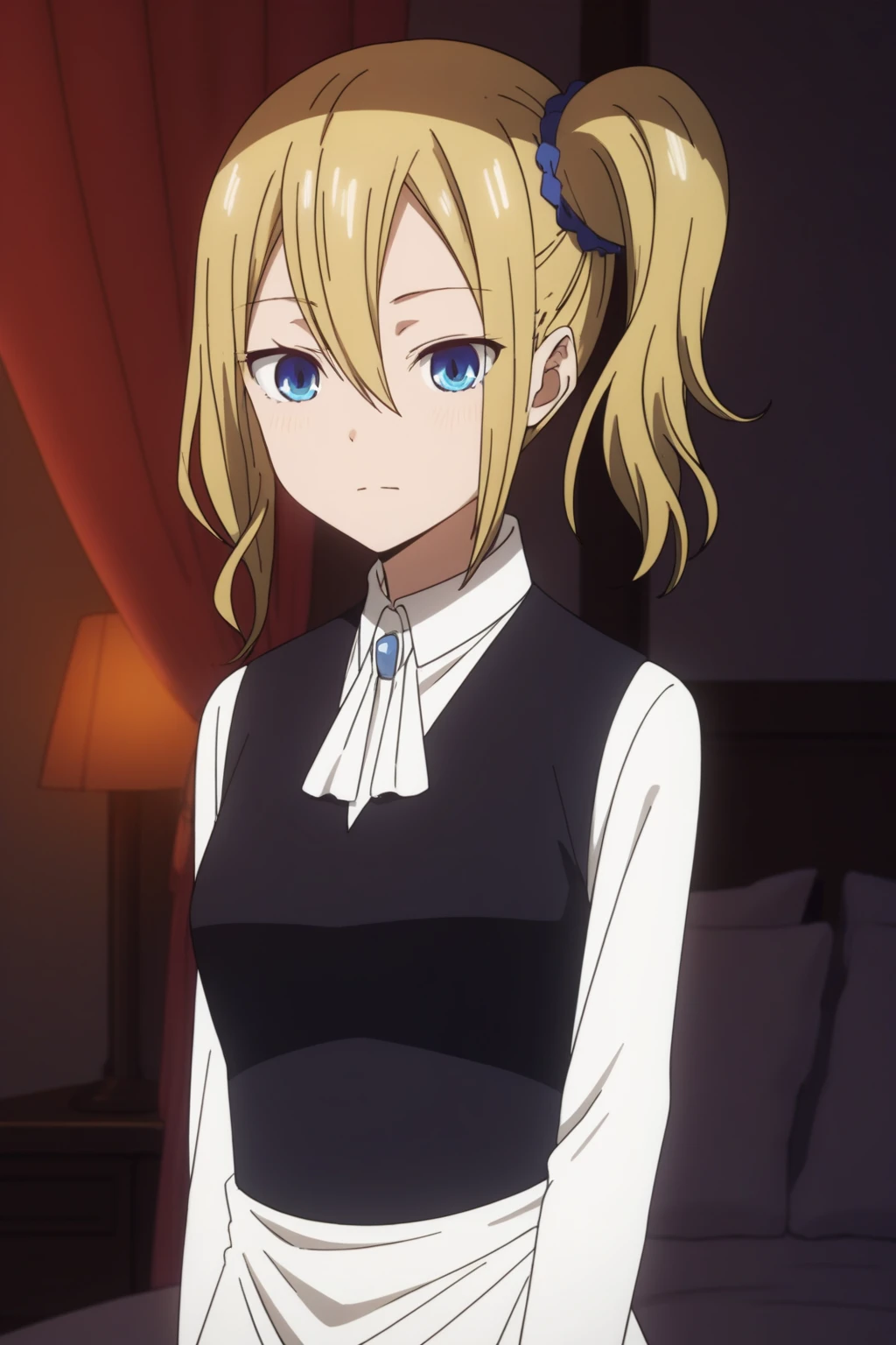 score_9, score_8_up, score_7_up, score_6_up, score_5_up, score_4_up, BREAK, source_anime,hayasaka_v1, maid, 1girl, blonde hair, solo, blue eyes, blue scrunchie, hair scrunchie, side ponytail, scrunchie, hair ornament, hair between eyes<lora:EMS-353710-EMS:1.000000>