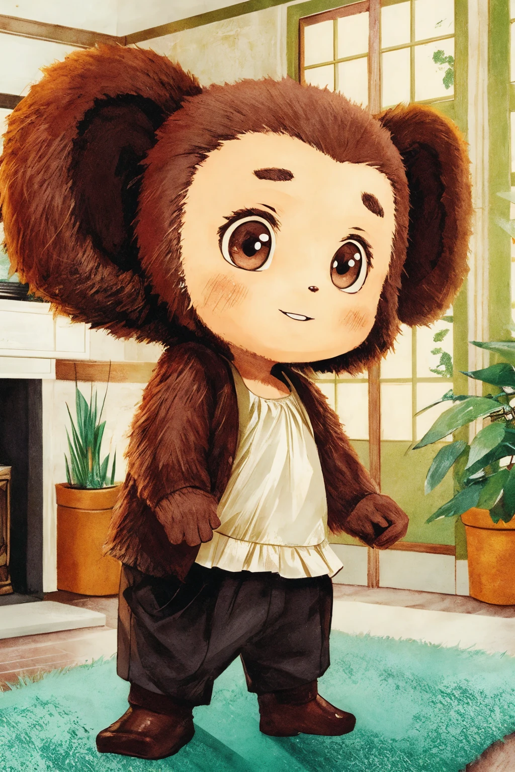 <lora:Cheburashka:0.75> cheburashka, close-up, living room, plant, renaissance, shooting stance, character holds an imaginary firearm with arms outstretched, ready to shoot, shy, blush