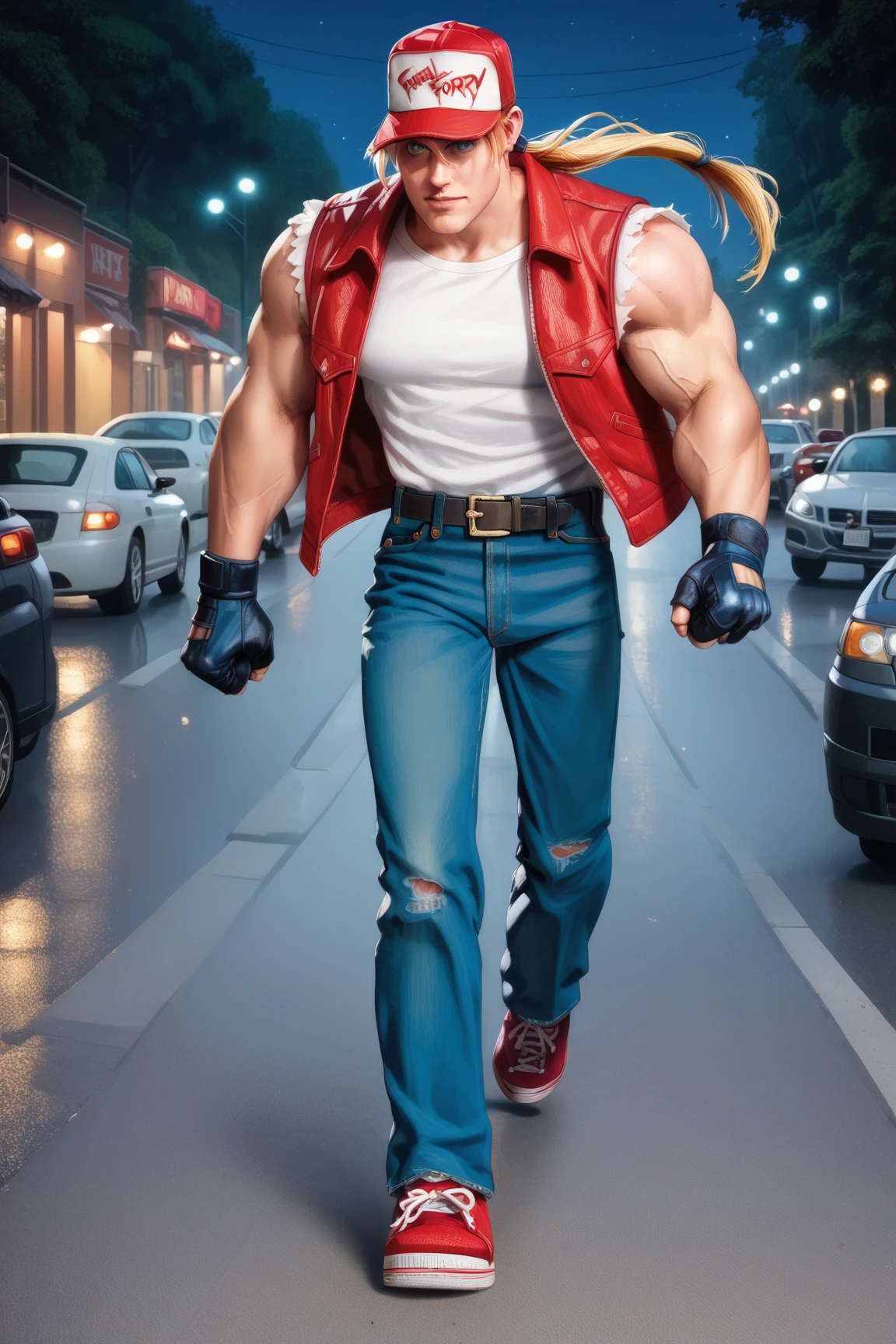 (source_anime, score_9, score_8_up, score_7_up:1), red trucker cap, red vest, white sleeveless t-shirt, blond ponytail, denim pants, red sneakers, belt, fingerless gloves, ((muscular male)), (((blonde hair))) running at the streets, cars, night, river, TerryBogard,masterpiece<lora:EMS-353415-EMS:1.000000>