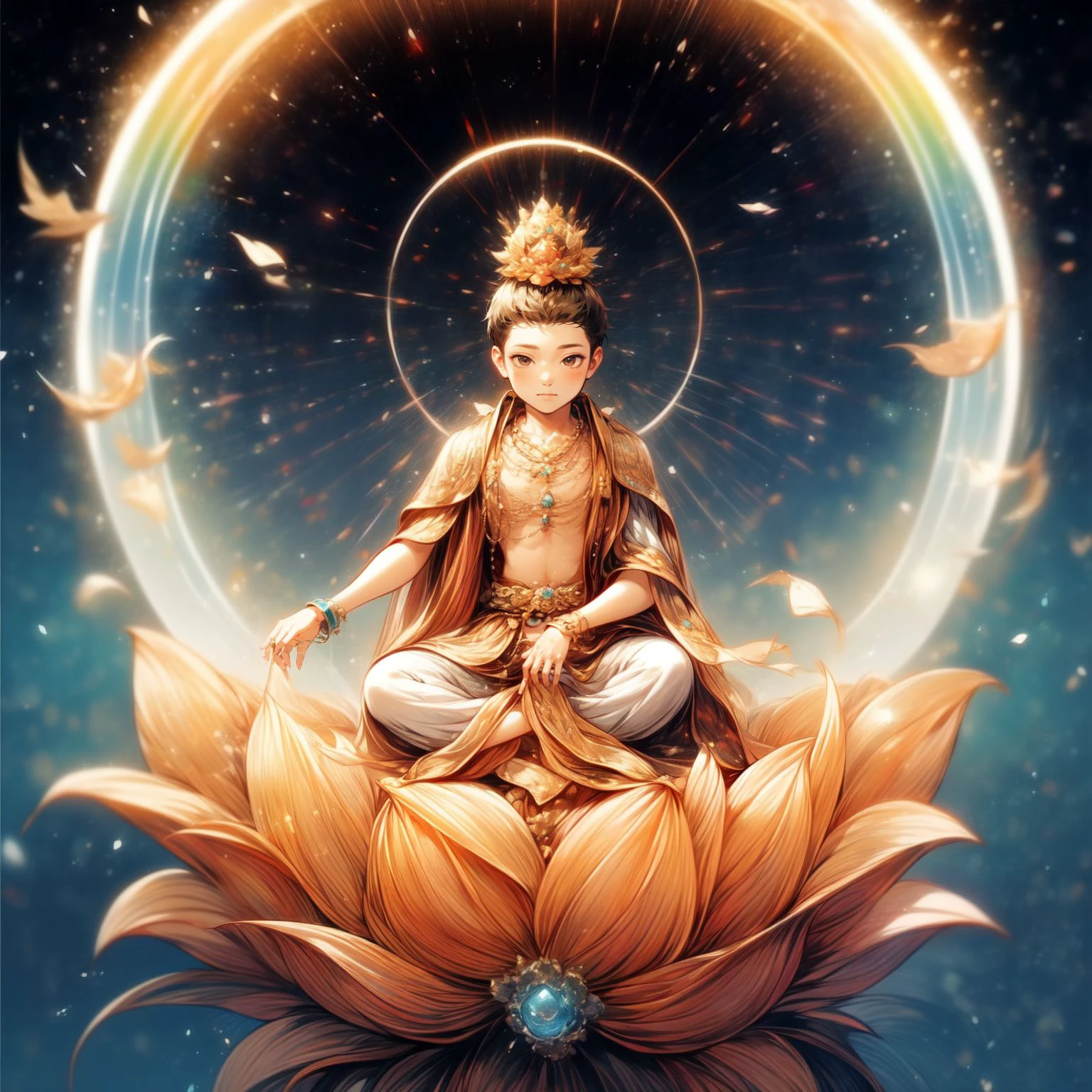 ((guanyin)),1boy,ocean,stars,rainbow,night,necklace,circle,sitting on lotus,flower,jewelry,bracelet,crescent moon,earrings
<lora:fopusav4:0.8>
,,<lora:yuzuv10:0.9>,
<lora:add_detail:2>, <lora:glowingdust_20230806143817:0.5>