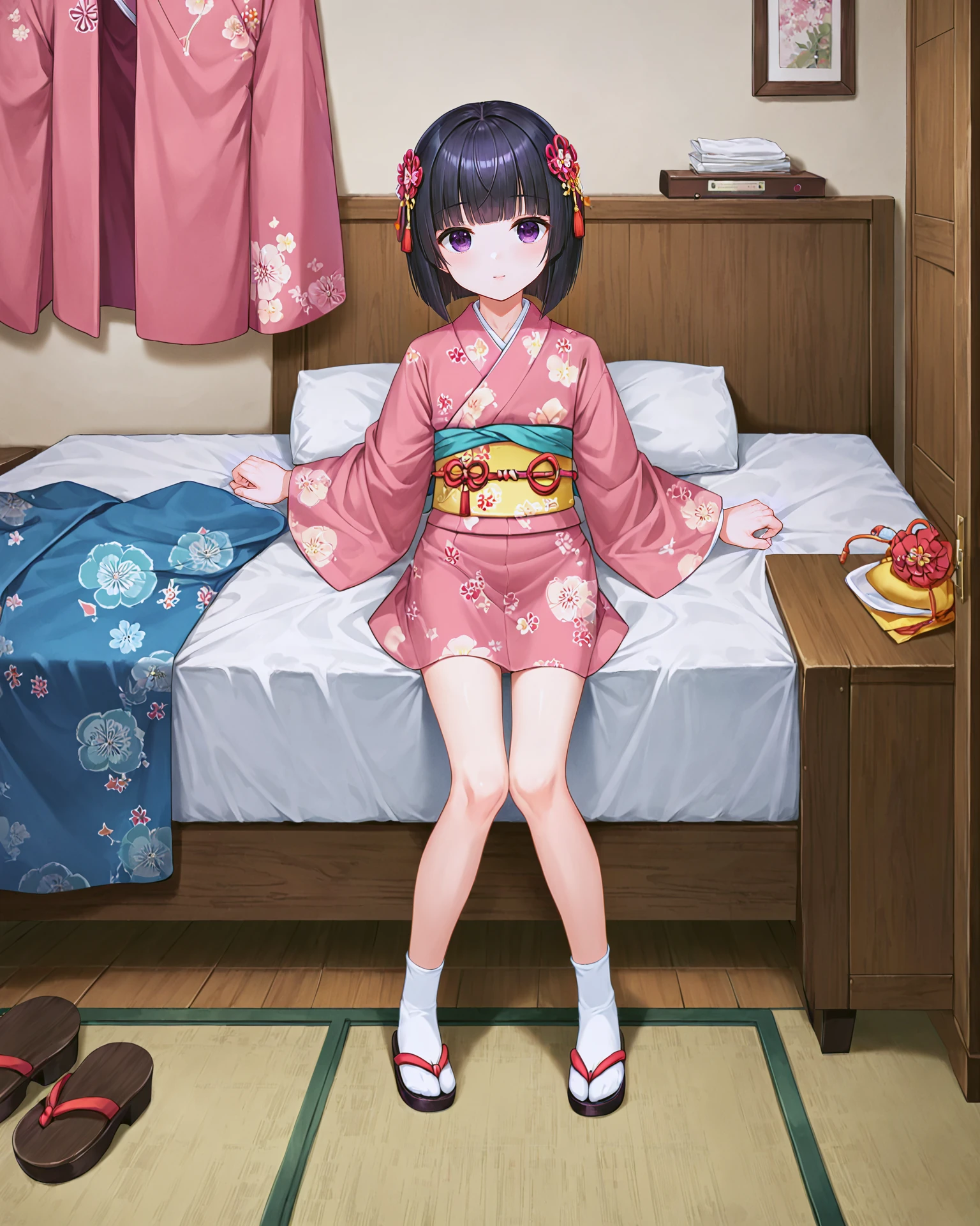 <lora:Neko_Shigure_XL:0.7> shigure, black hair, bangs, blunt bangs, purple eyes, short hair, hair ornament, hair flower, japanese clothes, kimono, pink kimono, print kimono, floral print, flower, long sleeves, wide sleeves, obi, tabi, socks, white socks, sandals, brown footwear,, <lora:9_Detail_Tweaker_XL:0.8>, score_9, score_8_up, score_7_up, source_anime, masterpiece, best quality, highly detailed background, cinematic lighting, detailed eyes, perfect face,, lazy, teenager room, messy, bedroom, bed sheet, closet,