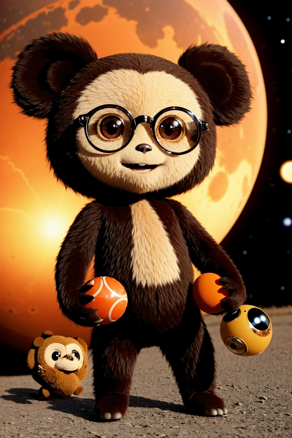 <lora:Cheburashka:0.50> (cheburashka), close-up, space, planets, ancient, striking a pose while powering on or activating an android body., classic witch, glasses, tearing up