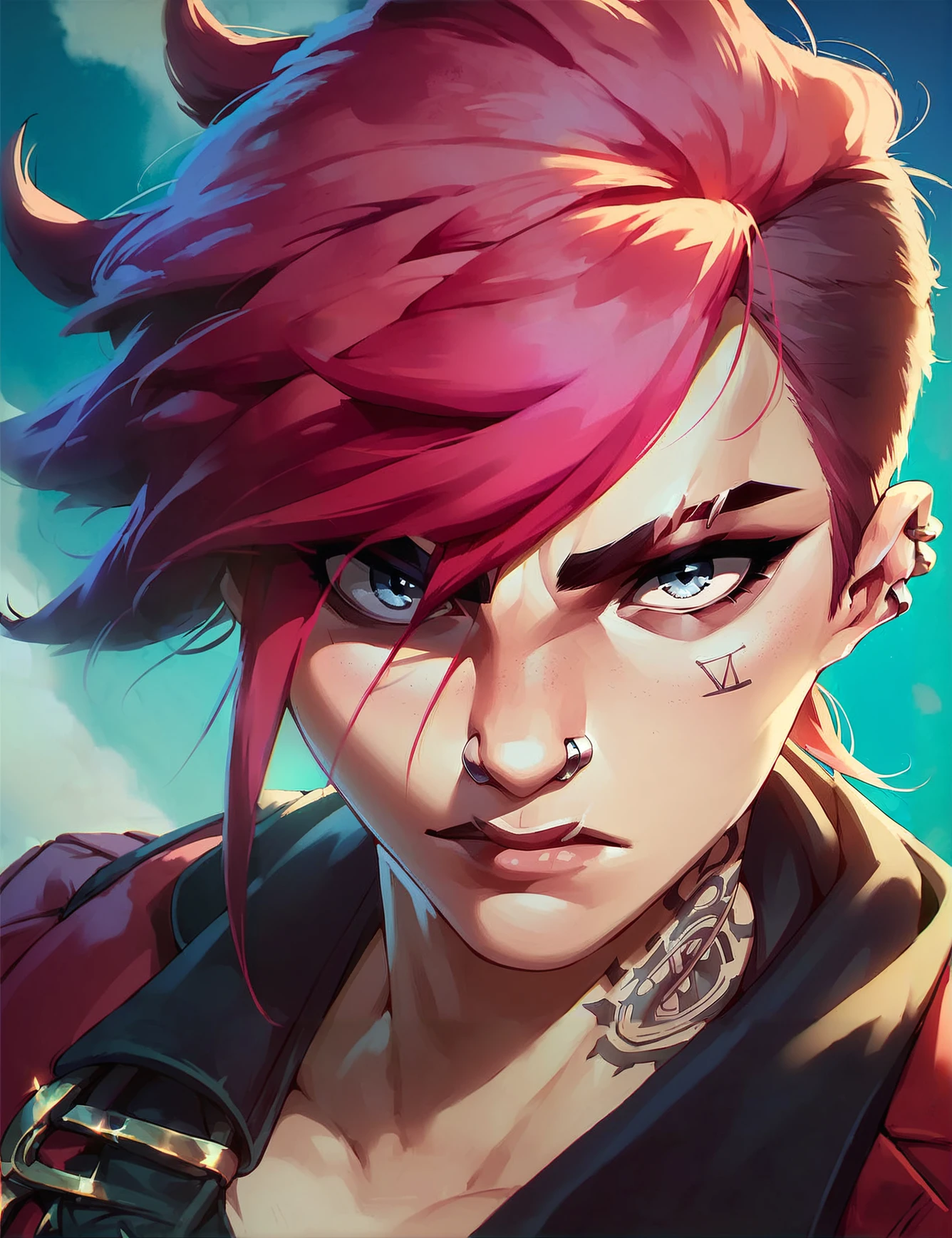 score_9, score_8_up, score_7_up,score_9, score_8_up, score_7_up,  <lora:V1:0.8>, 1girl, gray-blue eyes, v1, red-pink hair, tattoo on the face, red jacket, nose piercing, earrings