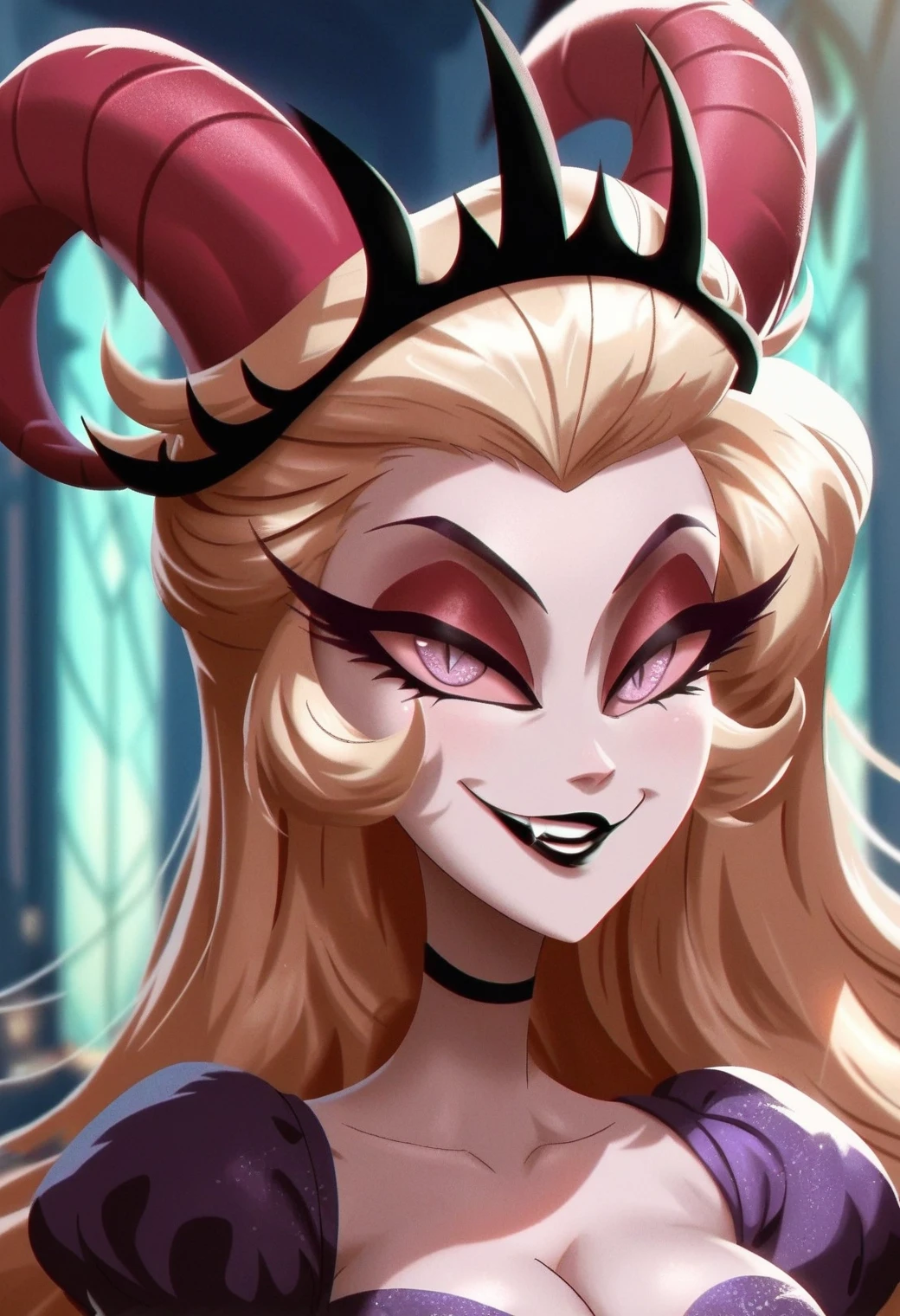 1girl, <lora:lilith_hazbin_hotel_ponyxl_v2:0.8>, lilith, black lips, pink sclera, half-closed eyes, seductive smile, looking at viewer, black crown, (purple eyes), slit pupils, solo, purple dress, upper body, cleavage, eye focus, demon horns, pink horns, fang, teeth, parted lips,
BREAK
score_9, score_8_up, score_7_up, score_6_up, film grain