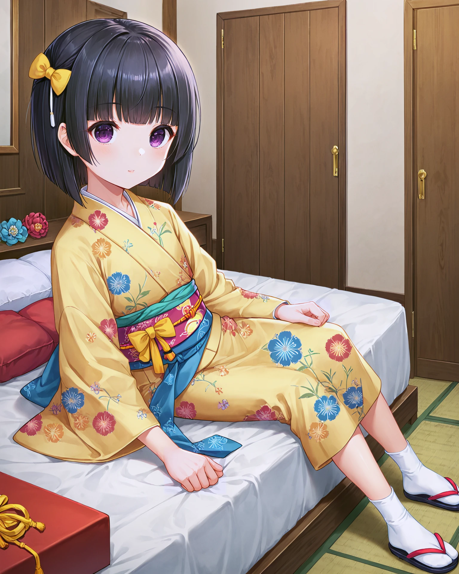 <lora:Neko_Shigure_XL:0.7> shigure, black hair, bangs, blunt bangs, purple eyes, short hair, hair ornament, hair bow, yellow bow, japanese clothes, kimono, yellow kimono, print kimono, floral print, flower, long sleeves, wide sleeves, obi, tabi, socks, white socks, sandals, blue footwear,, <lora:9_Detail_Tweaker_XL:0.8>, score_9, score_8_up, score_7_up, source_anime, masterpiece, best quality, highly detailed background, cinematic lighting, detailed eyes, perfect face,, lazy, teenager room, messy, bedroom, bed sheet, closet,