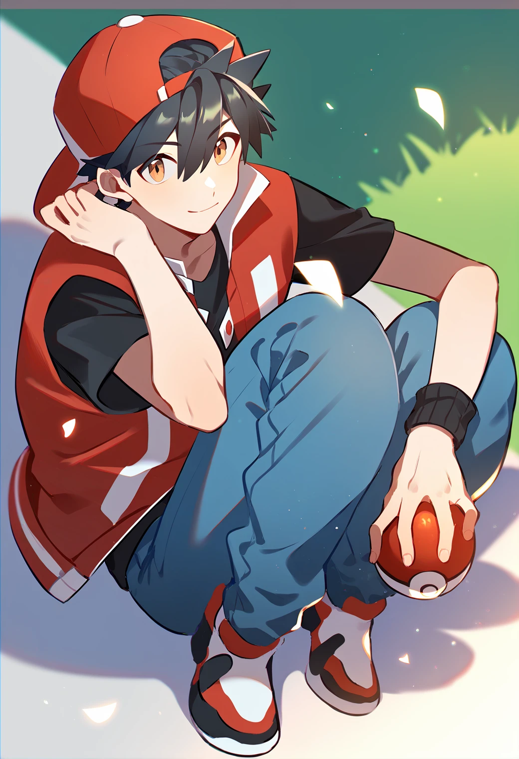 score_9, score_8_up, score_7_up, score_6_up, score_5_up, score_4_up, best quality, amazing quality, best aesthetic, absurdres, solo,RED_sp, red BASEBALL CAP,backwards cap, blue PANTS, BROWN EYES, black HAIR, open jacket, short red sleeve jacket, white shoes, black shirt,source_anime, source_,score_9_up<lora:EMS-353623-EMS:1.000000>