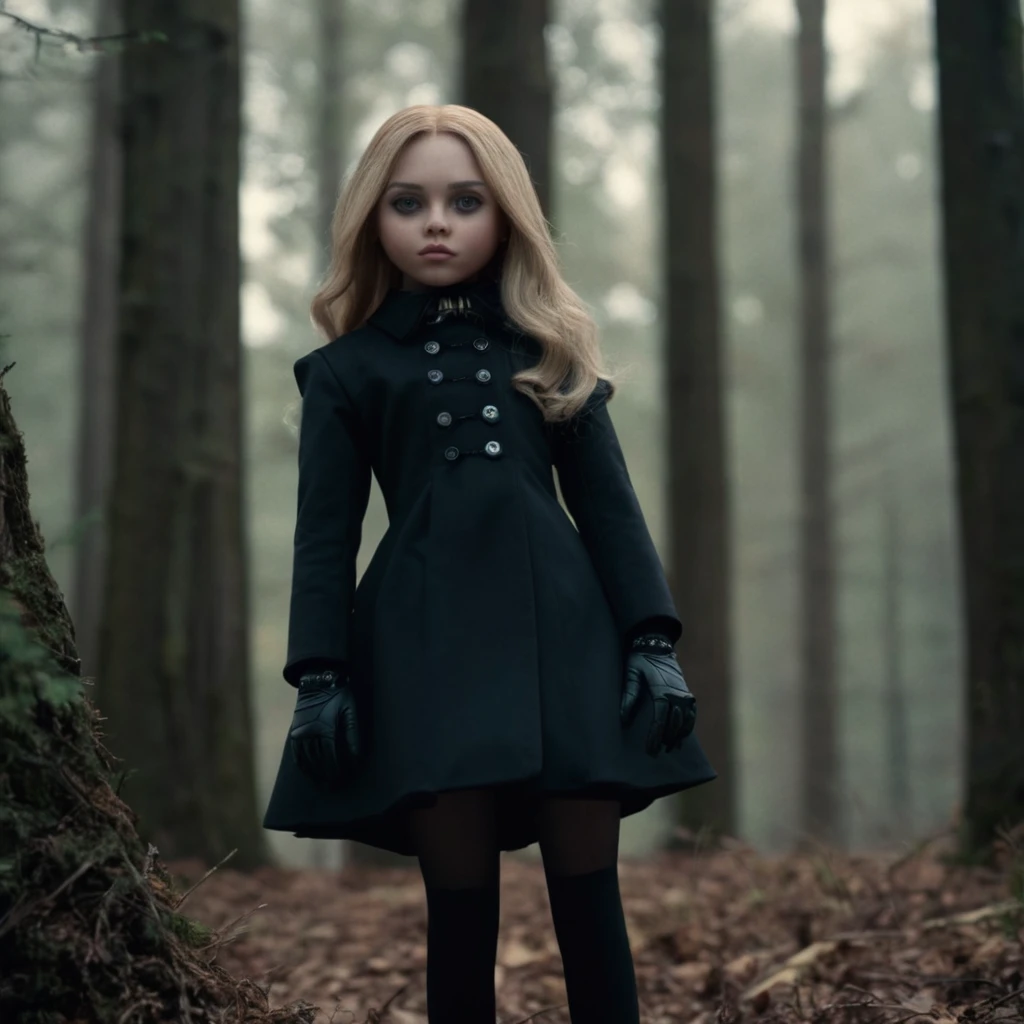 cinematic film still of  <lora:M3GAN:1>
M3GAN a woman standing in the woods in a black coat,sinister,villain,cyborg doll,1girl,solo,long hair,looking at viewer,blonde hair,gloves,long sleeves,closed mouth,standing,pantyhose,outdoors,black gloves,tree,coat,black pantyhose,buttons,nature,forest,black coat,realistic, shallow depth of field, vignette, highly detailed, high budget, bokeh, cinemascope, moody, epic, gorgeous, film grain, grainy