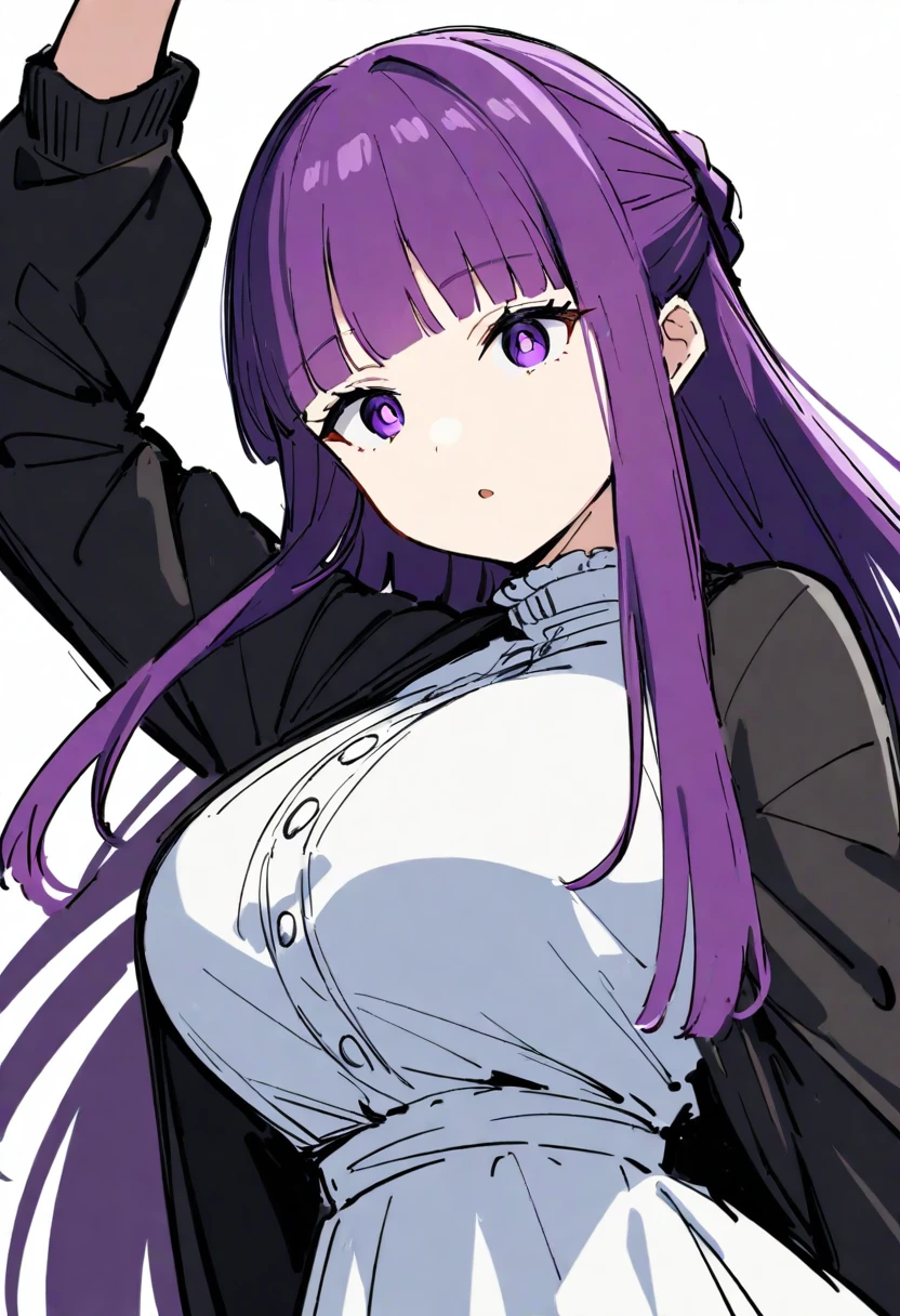 1girl, solo, fern \(sousou no frieren\), sousou no frieren, sketch,
long hair, purple hair, purple eyes, braid, large breasts, white dress, black cardigan, expressionless, arm up, open mouth,
white background,
masterpiece, best quality, very aesthetic, absurdres,