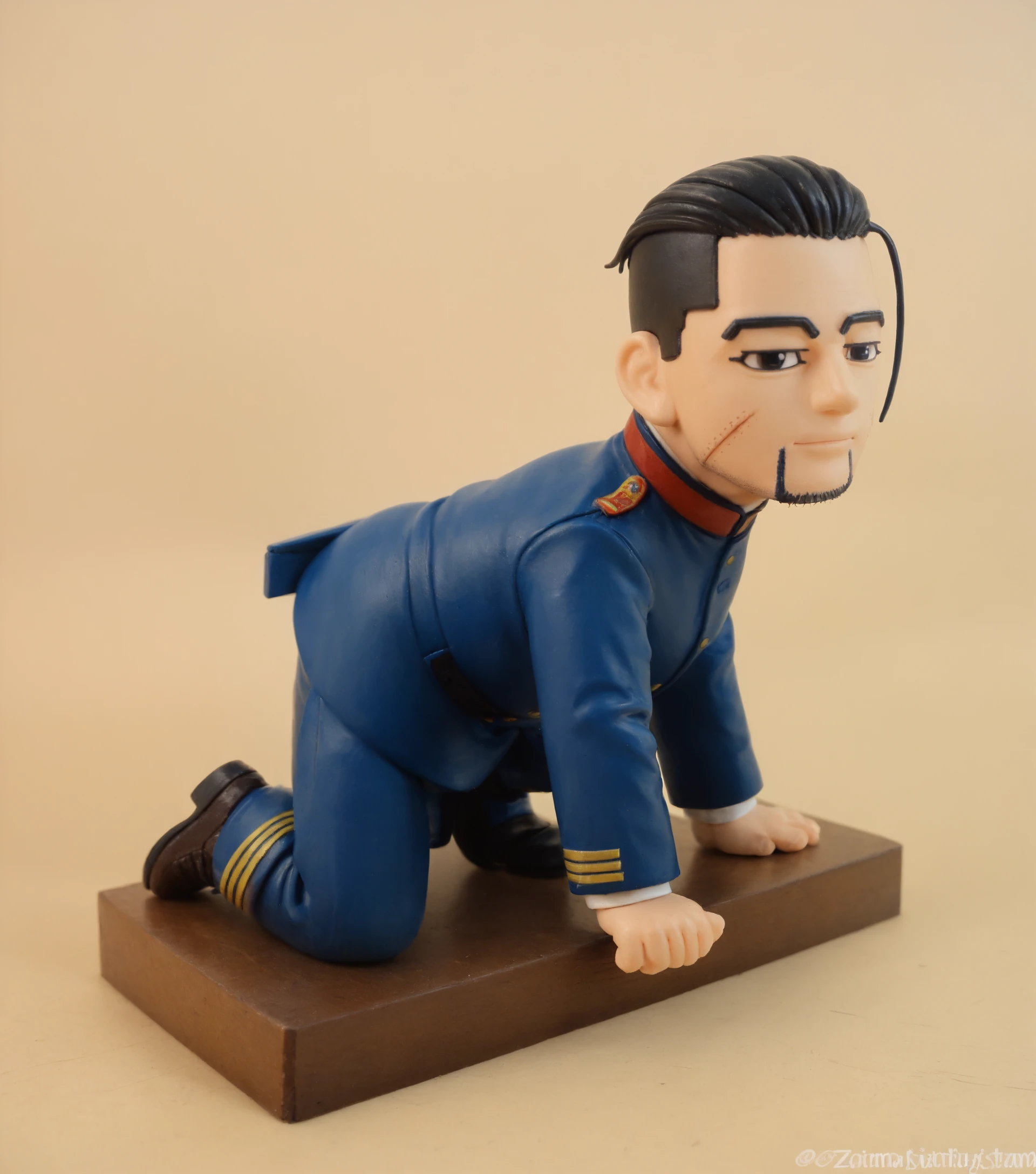 figurine of 0gata, solo, black hair, slicked back hair, undercut, facial scars, facial hair, photo, realistic, irl, (chibi:1.2), simple background, unimaginably cute, imperial japanese army uniform, shoes, long sleeves, rifle, blue jacket, zPDXL