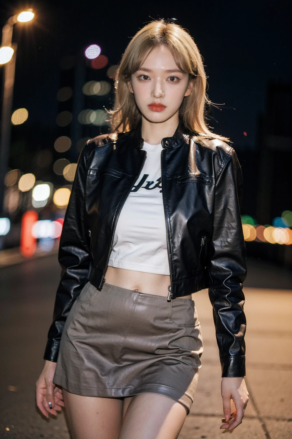 Best quality, masterpiece, ultra high res, (photorealistic), raw photo,1girl, (dark skin), cowboy shot,solo, realistic, looking at viewer, bokeh background, city streets,blonde hair, tshirt, short skirt, navel, leather jacket,  <lora:makina69_chengxiao_v1.0:1>