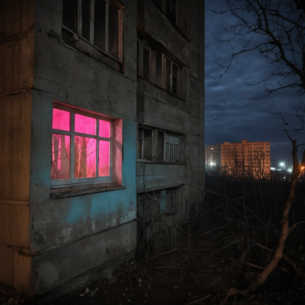 A nocturnal snapshot captures the facade of a Russian suburban building, bearing the wear of neglect. A large window section glows with an unsettling pink light, contrasting starkly against the building's dilapidated exterior and the dark night beyond. Bare branches in the foreground add to the eerie ambiance, partially obscuring the view and creating a sense of encroachment. In the background, the diffuse lights of a distant urban sprawl hint at the proximity of civilization, yet the scene remains isolated, enhancing the disquieting solitude. The image embodies a dystopian stillness, with the cold light serving as a beacon of the uncanny amidst the urban decay. nocturnal, Russian suburbs, dilapidated building, cyan light, eerie, urban decay, isolated, branches, dystopian, solitude, facade, disquieting <lora:dark slav suburbs_v0.0.1-15:0.75>