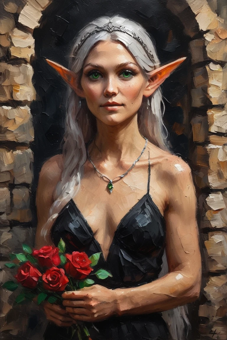 masterpiece, best quality, hi res, newest, oil painting, traditional media, realistic, 1girl, solo, elf, pointy ears, breasts, long hair, very long hair, white hair, green eyes, portrait, looking at viewer, black dress, tiara, silver tiara, holding, holding flower, rose, red rose, necklace, jewelry, three-quarter portrait, standing, outdoors, castle <lora:Palette Knife Oil Painting Style LoRA_SeaArt Furry XL 1.0:0.7>