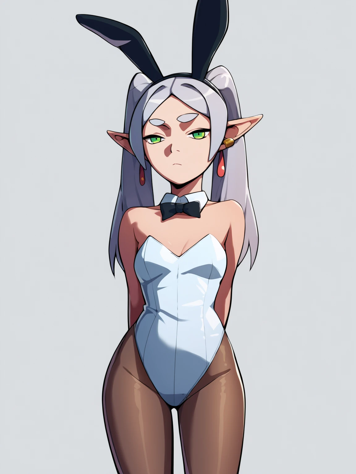 score_9, score_8_up, score_7_up, score_6_up, score_5_up, score_4_up, BREAK, gummo, source_cartoon, source_anime, 1girl, frieren wearing a playboy bunny outfit, green eyes, grey hair, twintails, pointy ears, eyebrows, earrings, strapless leotard, pantyhose, arms behind back, expressionless, standing, looking at viewer, solo, simple background, white background <lora:FrierenXL:0.5>     <lora:RavenRavenRavenXLLocon:1>