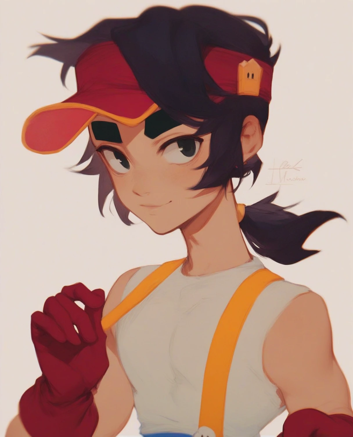 <lora:Fang:1.1> score_9, score_8_up, score_7_up, score_6_up, score_5_up, score_4_up, Fang, solo, looking at viewer, tank top, 1boy, hat, low ponytail, sleeveless shirt, thick eyebrows, visor cap, black hair, red gloves, suspenders,  short hair, portrait,