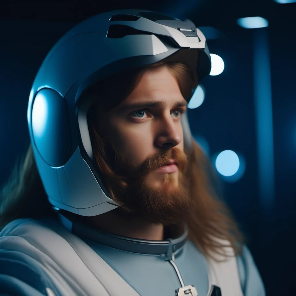 cinematic photo a man with long hair and a beard in a space suit with a lionhead shaped helmet<lora:Ulysse31-1024_r1:0.8> . 35mm photograph, film, bokeh, professional, 4k, highly detailed