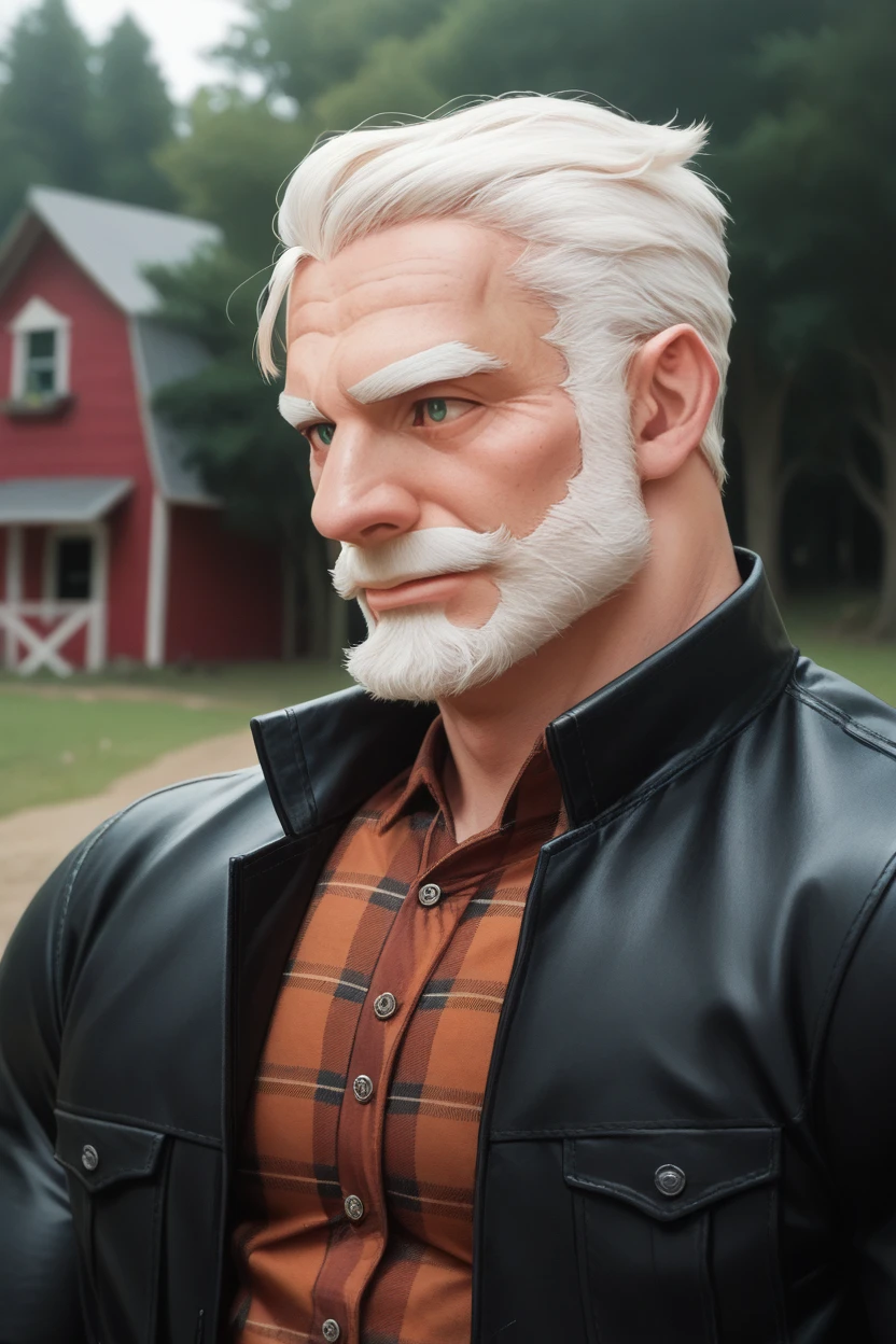 score_9, score_8_up, score_7_up, score_6_up,source_real, raw photo, 
1 male, old male, muscular, white eyebrows, green eyes, white beard, portrait, leather jacket, plaid shirt, farm background, trees, house,