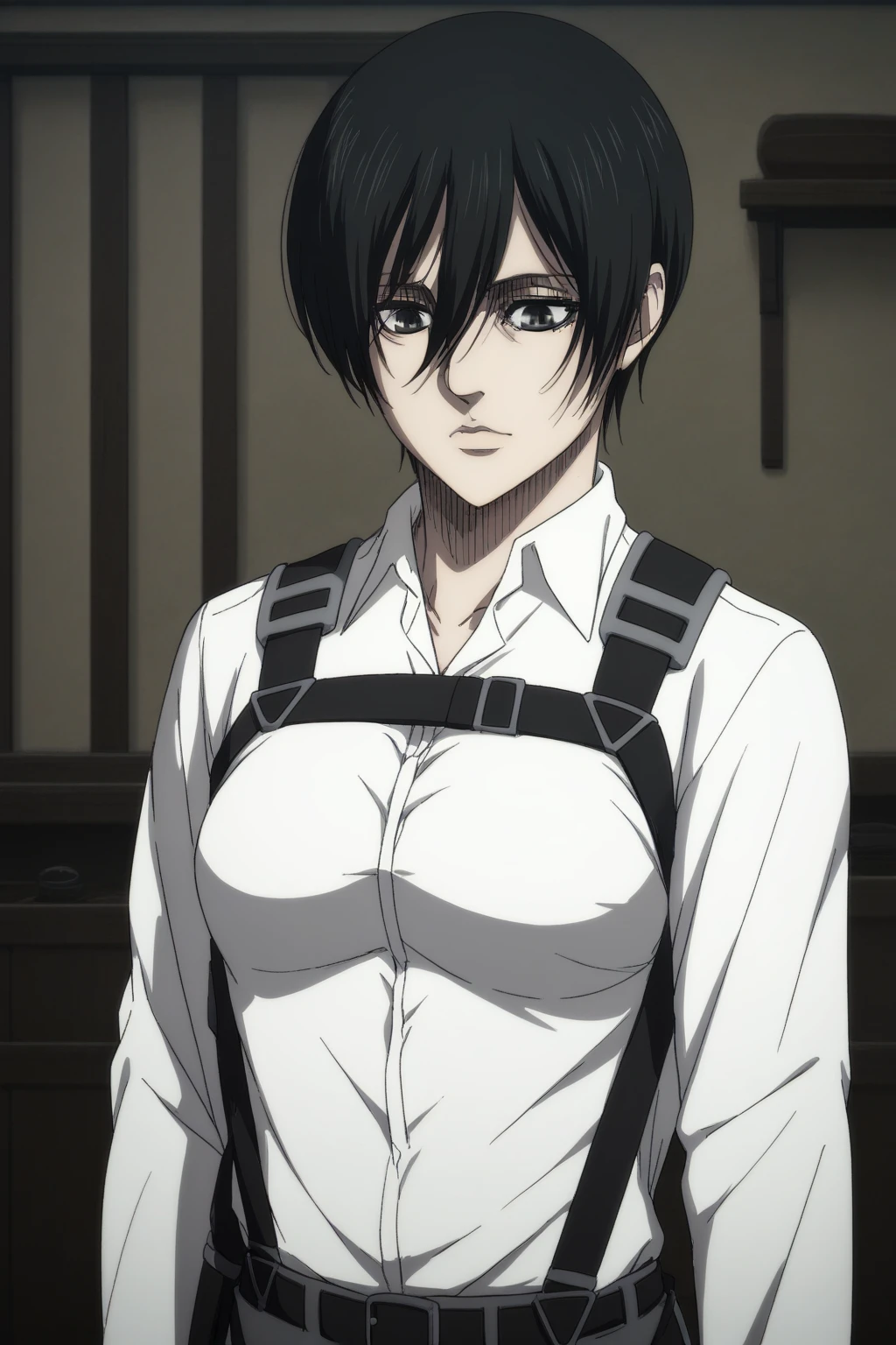 score_9, score_8_up, score_7_up, score_6_up, score_5_up, score_4_up, BREAK, source_anime,mikasa_v1, mikbb, 1girl, solo, black hair, short hair, shirt, upper body, breasts, white shirt, hair between eyes, black eyes<lora:EMS-354456-EMS:1.000000>