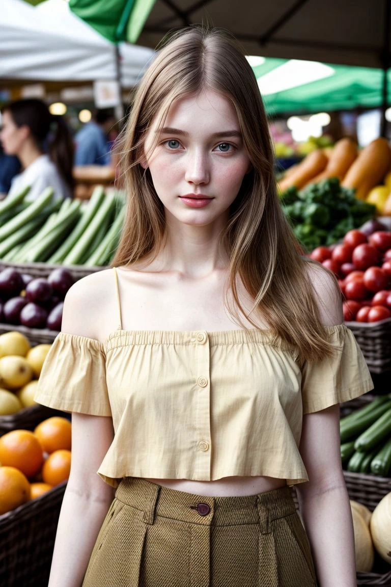 woman, closeup, (shirt), pants, (farmer's market), (), ZM_elli, wide shoulders, perfect face, (contact iris: 1.1), pale skin, skin pores , depth of field