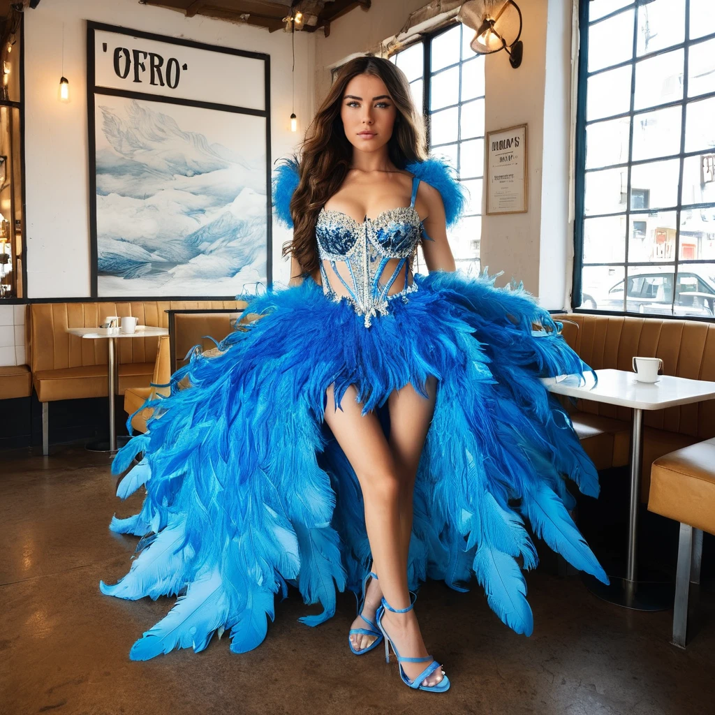 Hyperrealistic art photo of a woman, m4d1s0n, blue feathered dress, embellished bodice, strappy heels, brunette long hair, styled waves, at a cafe, looking at camera, solo shot,  <lora:Madison_beer_sdxl_amalgamation:.9> . Extremely high-resolution details, photographic, realism pushed to extreme, fine texture, incredibly lifelike