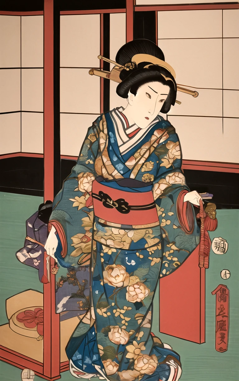 (masterpiece, best quality:1.4), insaneres, absurdres, solo, looking at viewer,BREAK 
LoConARTSTYLE_Kunisada_ownwaifu, www.ownwaifu.com,  
 fine art parody, parody, nihonga, tree, flower, painting \(medium\), indoors,  east asian architecture, 
1girl, solo,  black hair,  japanese clothes, long sleeves, hair ornament,  floral print, wide sleeves, sash, 
<lora:LoConARTSTYLE_Kunisada_ownwaifu:0.9> , depth of field 
,