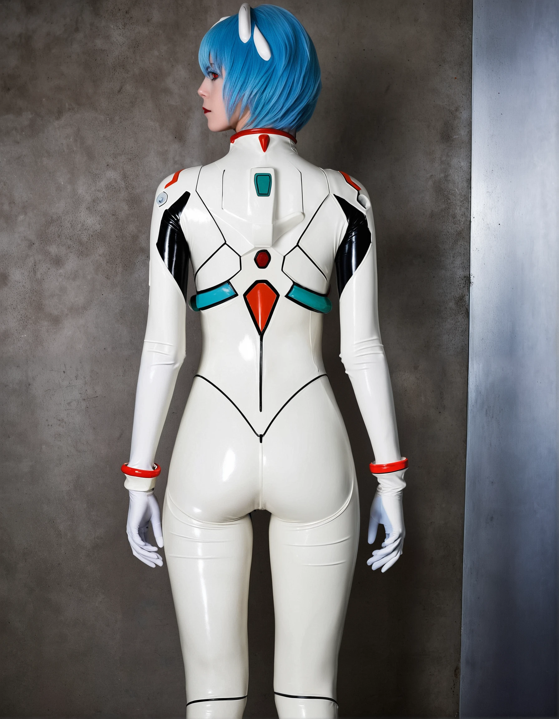 score 9, score 8 up, score 7 up, score 6 up, score 5 up,
1girl, solo, rei ayanami, white latex, plugsuit, blue hair, short hair, red eyes, intricate details, detailed, shiny hair, standing, from behind, 
