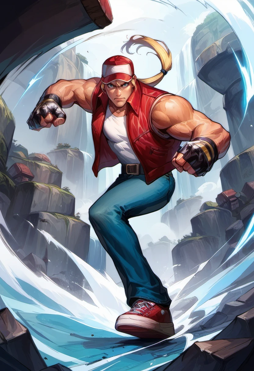 (source_anime, score_9, score_8_up, score_7_up:1), red trucker cap. red vest, white sleeveless t-shirt, blond ponytail, denim pants, red sneakers, belt, fingerless gloves, fighting_stance, at the waterfall ,TerryBogard<lora:EMS-248183-EMS:0.800000>, <lora:EMS-353415-EMS:1.000000>, <lora:EMS-352323-EMS:0.400000>