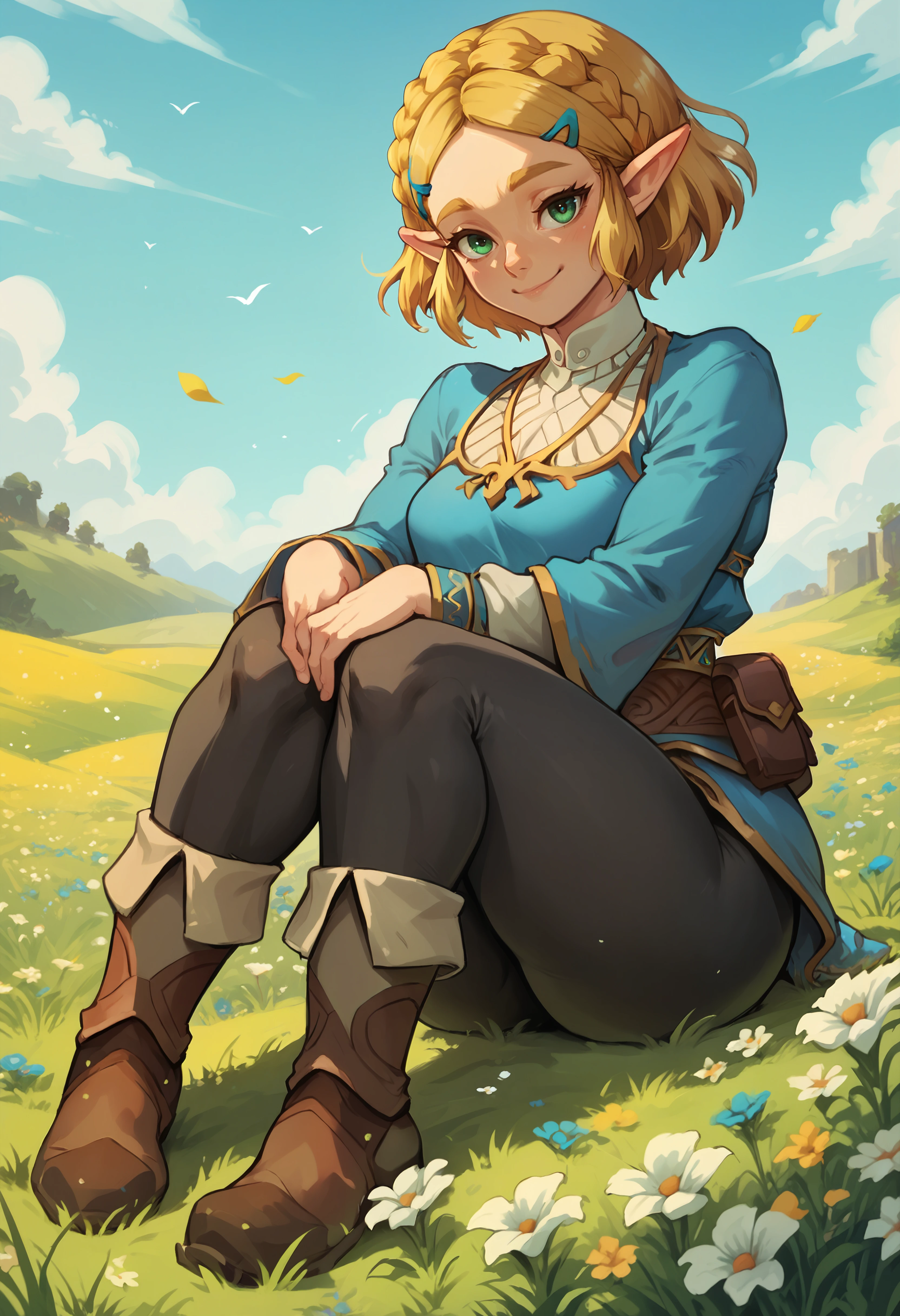 score_9, score_8_up, score_7_up, score_6_up BREAK solo,princess zelda,legend of zelda: breath of the wild,short hair,leggings,thick thighs,field,sitting,hugging own legs,slight smile,boots,wind,flowers,looking at viewer