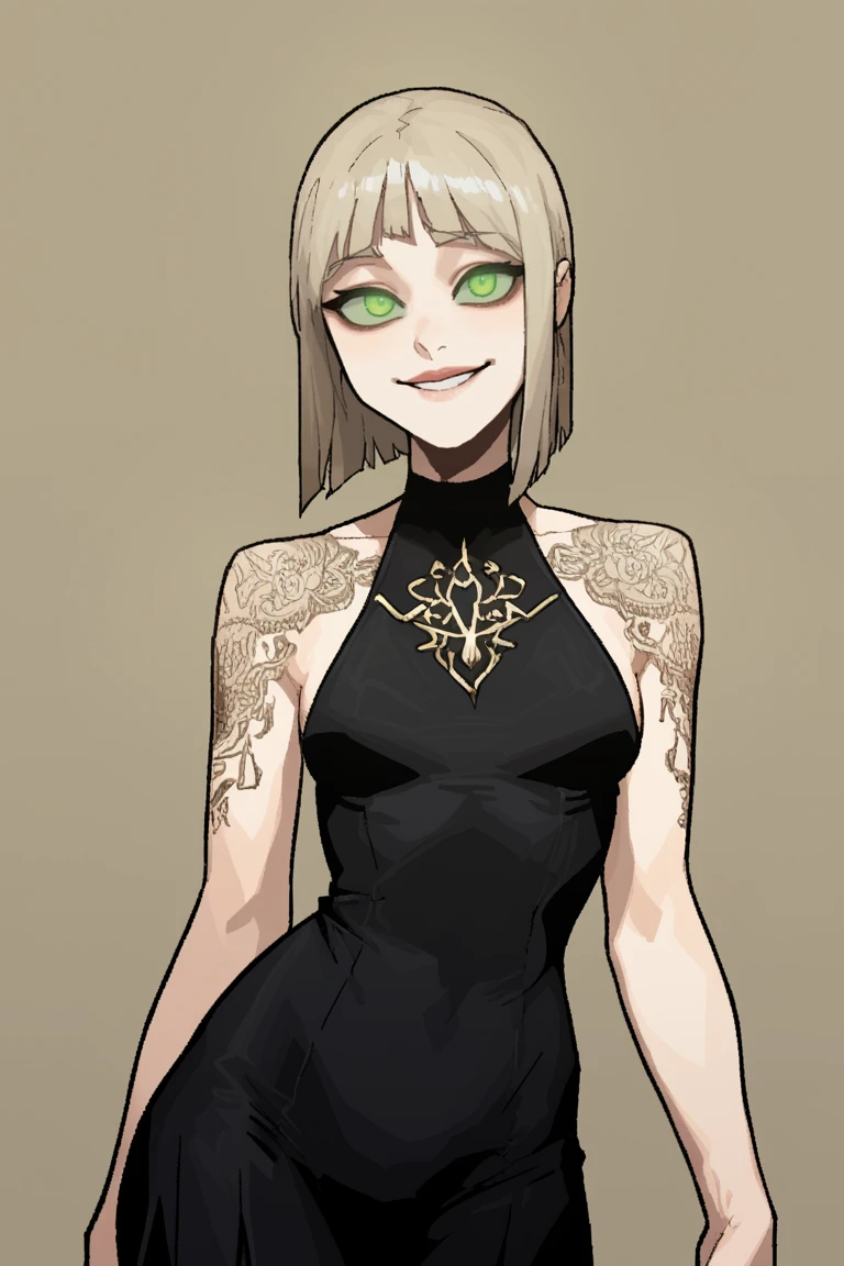score_9, score_8_up, score_7_up, score_6_up, score_5_up, score_4_up, perfect face, expressive eyes, masterpiece, best quality, intricate details, ultra-detailed, excessive details, absurdres, highres, uncensored, simple background, more detail XL, saturated,jaggy lines, 1girl, smile, glowing eyes, green eyes, thick lips, intricate outfit, fully clothed, dress, tattoo, alternative<lora:EMS-353495-EMS:1.000000>