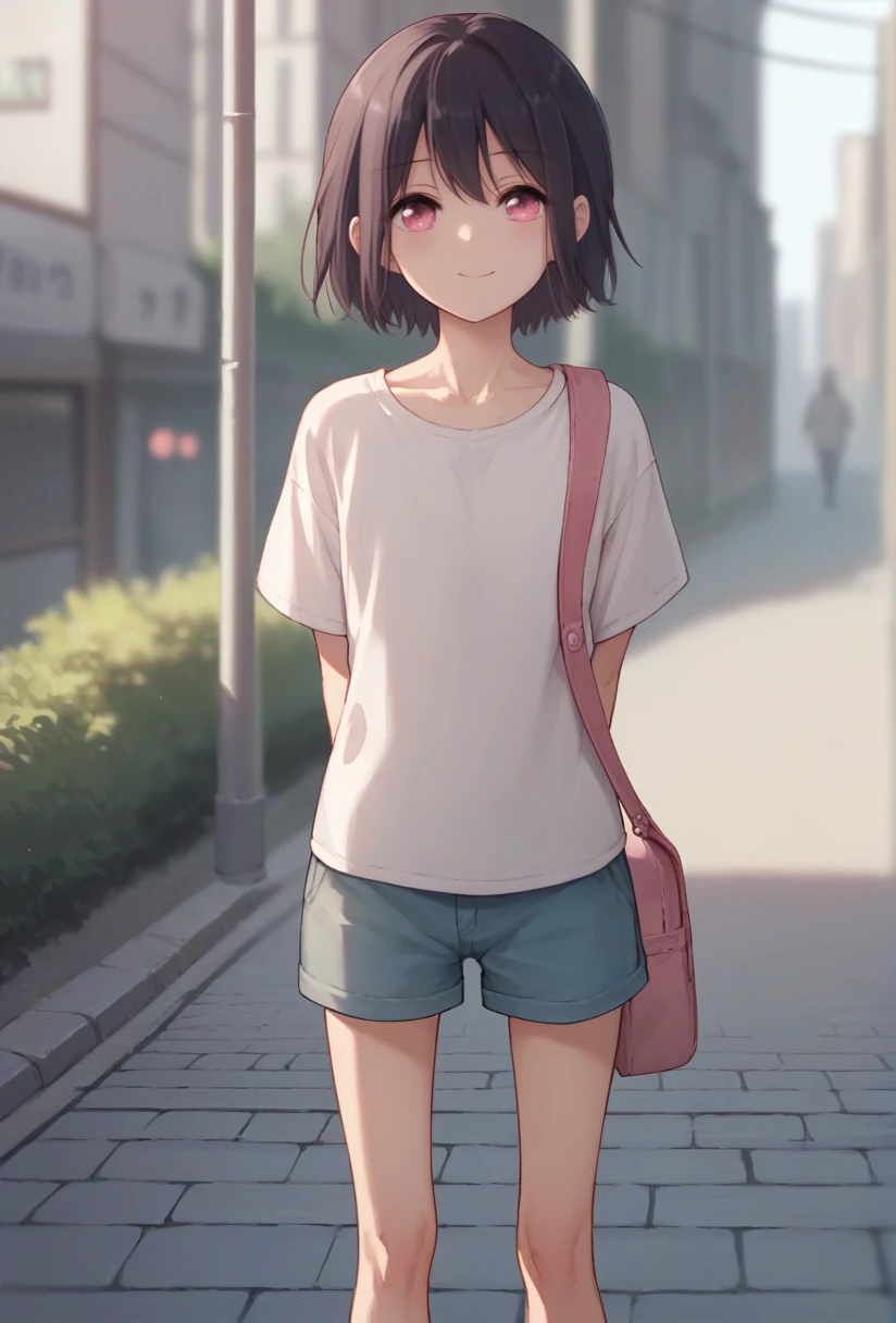 score_9, score_8_up, score_7_up, source_anime, 1girl, solo, hiura, flat chest, black hair, pink eyes, white shirt, shoulder bag, shorts, standing, arms behind back, from front, light smile, outdoors, city, pavement, blurry background, <lora:hiura_SDXL-06:1>