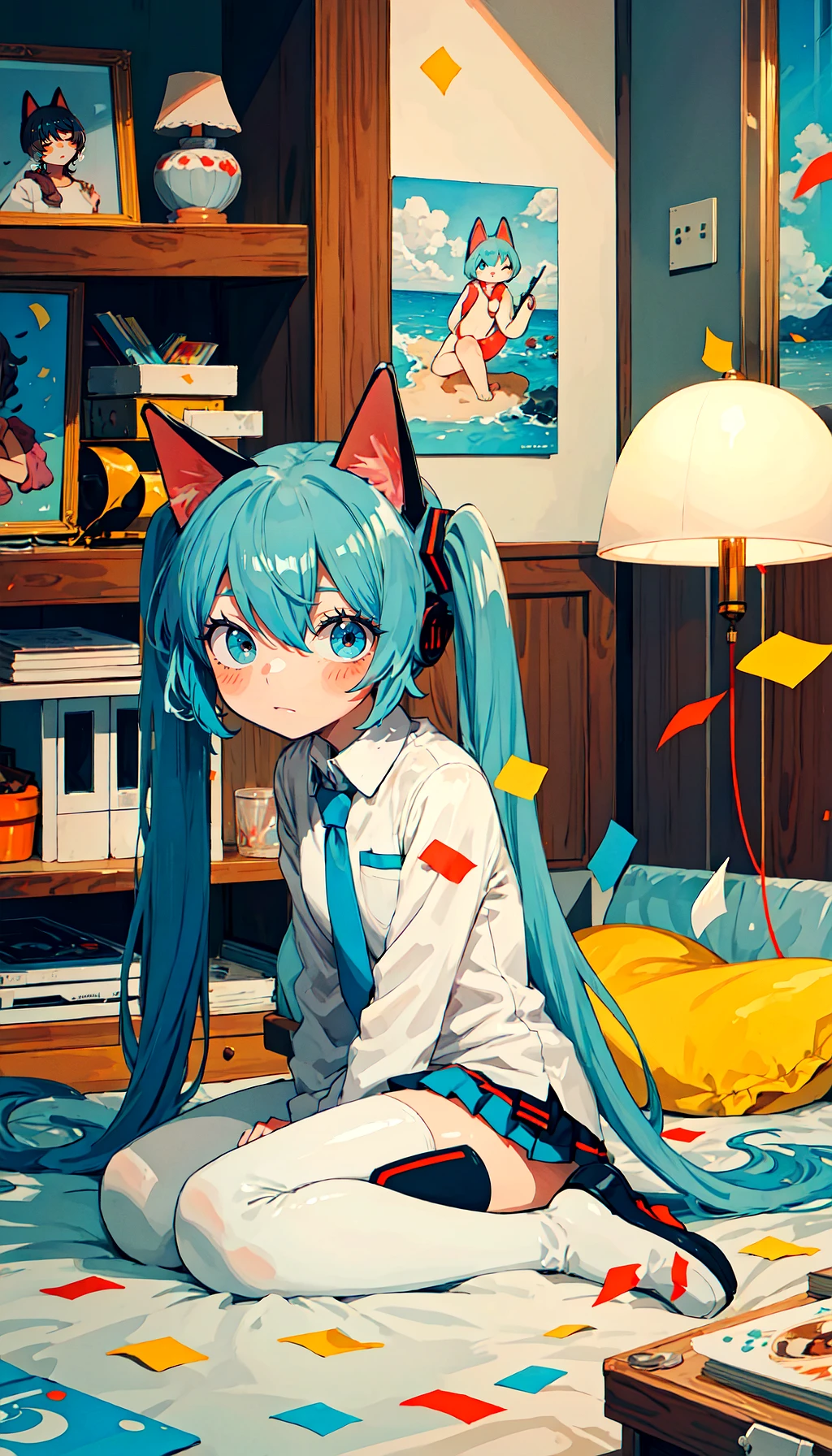 1girl,hatsune miku,vocaloid,hair,eyes,no eyes,long twintails,skinny,at home,indoors,wariza,nyan cat,cat ears,cat tail,paw,aqua hair,green hair,pop art,confetti,MIKU shirt,hallucination,(highres:1.1),(absurdres:1.1),digital game cg,comiket manga,(watercolor \(medium\):0.7),blending,overexposure,general,masterpiece,best quality,
((extremely glossy)),((glossy skin)),((soft reflective skin)),((reflections)),((wide shot)),