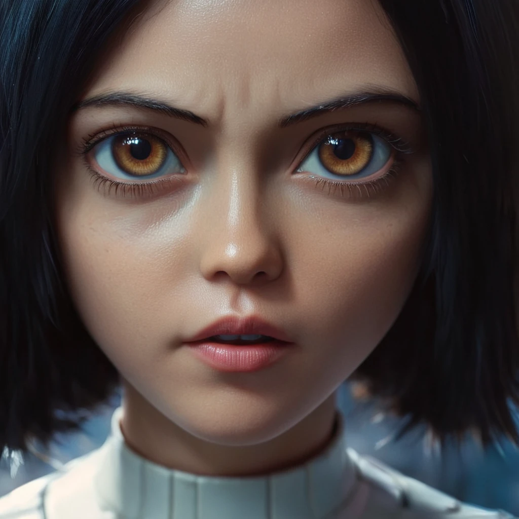 cinematic film still of  <lora:perfection style:0.9>
 <lora:Alita:1>
In futuristic 2563 Alita Ganmu a detailed closeup of a woman with long black hair and a white shirt,1girl,solo,looking at viewer,brown hair,black hair,brown eyes,closed mouth,lips,eyelashes,portrait,close-up,realistic,nose,acrylic paint (medium),detailed,real,different,unique,cinematic,dramatic,concept art,filmic,Battle Angel style , big eyes, shallow depth of field, vignette, highly detailed, high budget, bokeh, cinemascope, moody, epic, gorgeous, film grain, grainy