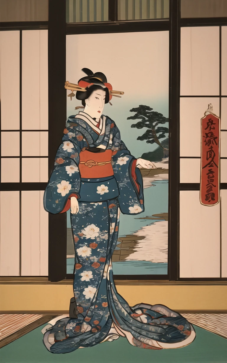 (masterpiece, best quality:1.4), insaneres, absurdres, solo, looking at viewer,BREAK 
LoConARTSTYLE_Kunisada_ownwaifu, www.ownwaifu.com,  
 fine art parody, parody, nihonga, tree, flower, painting \(medium\), indoors,  east asian architecture, 
1girl, solo,  black hair,  japanese clothes, long sleeves, hair ornament,  floral print, wide sleeves, sash, 
<lora:LoConARTSTYLE_Kunisada_ownwaifu:0.85> , depth of field 
,