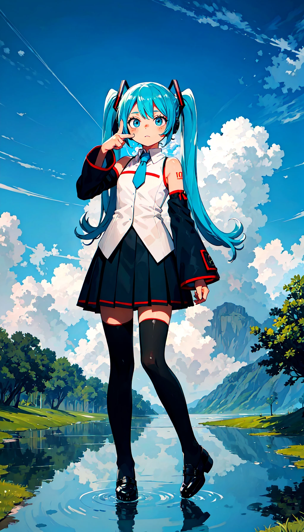 (best quality),(masterpiece),(ultra detailed),(highres),production art,1girl,hatsune miku,long hair,twintails,solo,cloud,detached sleeves,outdoors,skirt,scenery,sky,very long hair,tree,from behind,aqua hair,thighhighs,signature,arm up,black skirt,wide shot,standing,shirt,sleeveless shirt,cloudy sky,sunlight,grass,pointing up,nature,sleeveless,bare shoulders,
((extremely glossy)),((glossy skin)),((soft reflective skin)),((reflections)),((wide shot)),